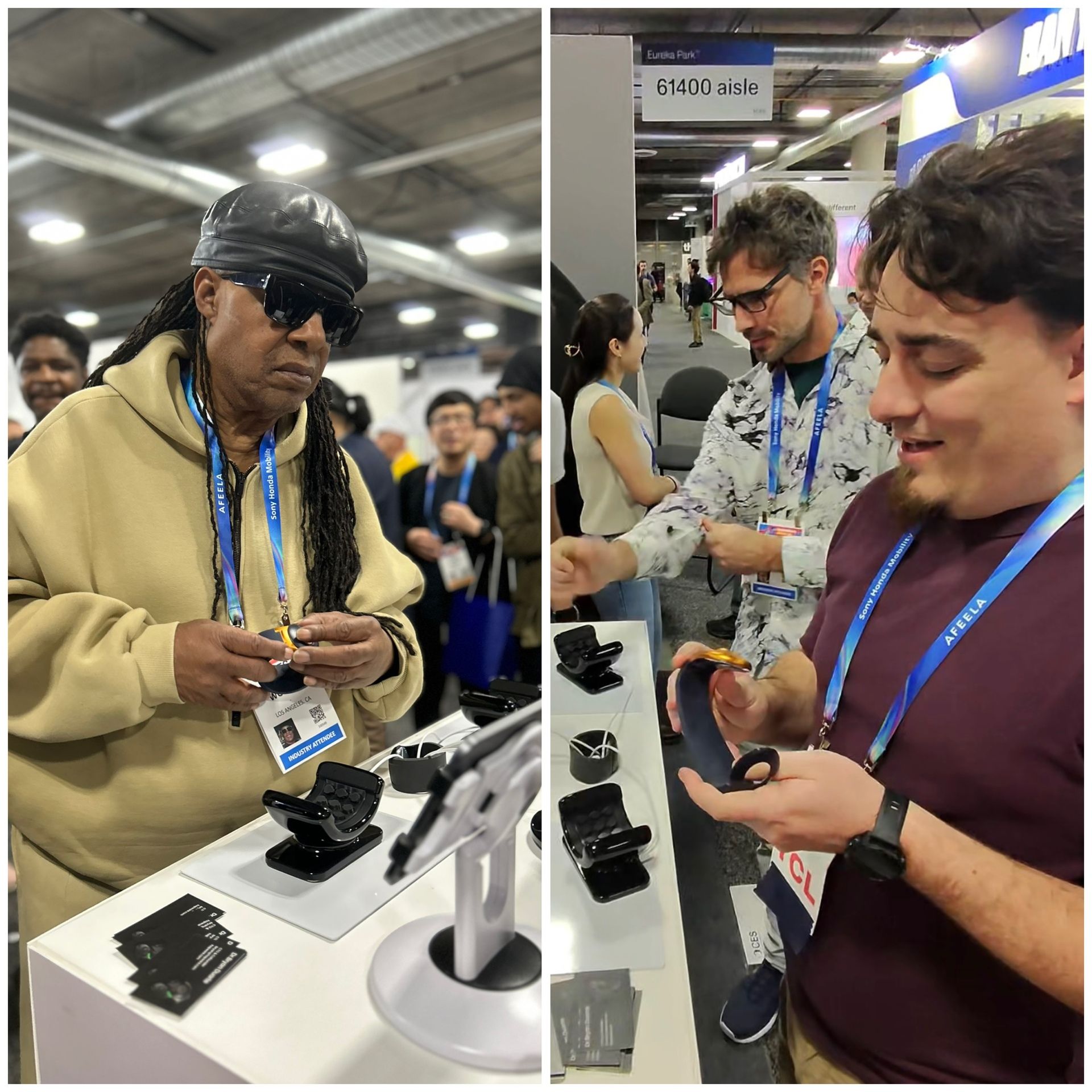 Stevie Wonder on the left holding ALEYE and Palmer Lucky on the right with ALEYE