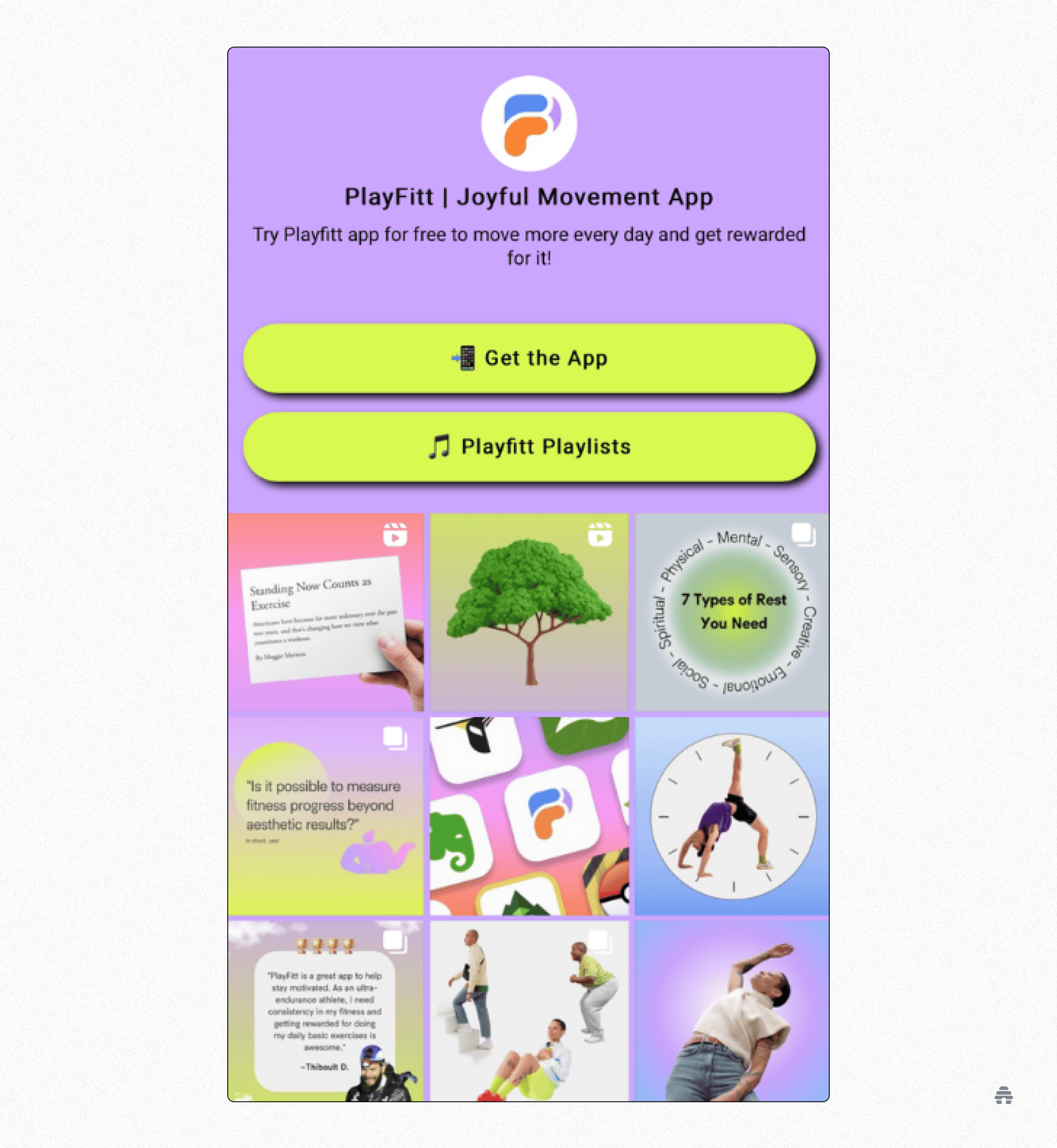 A PlayFitt link-in-bio page promoting the PlayFitt joyful movement app, featuring buttons to download the app and view playlists, followed by a grid of fitness-themed posts and graphics. Designed to encourage daily movement and engagement.