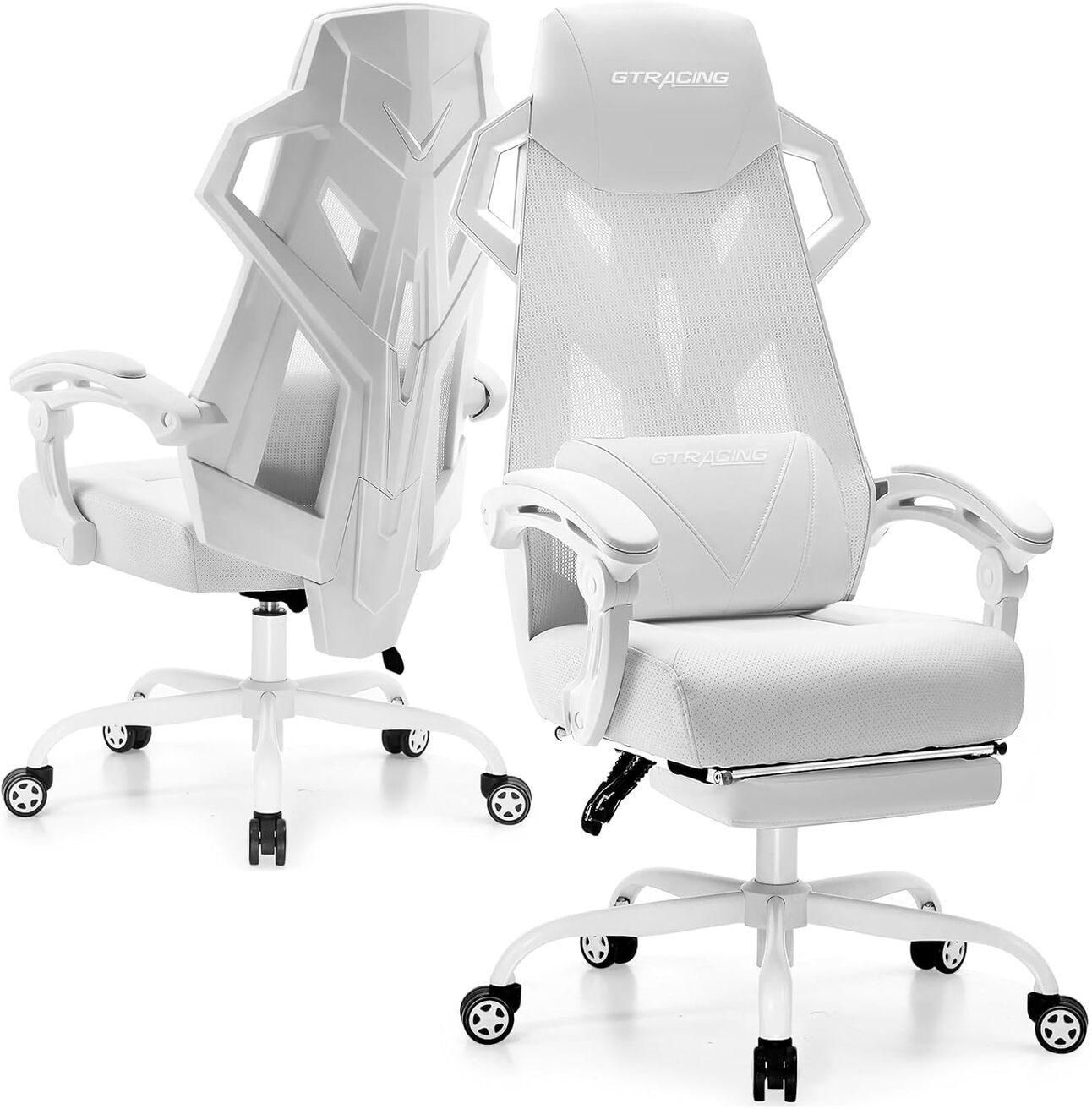 GTRACING Mesh Gaming Chair – Cool Comfort for Every Battle A breathable mesh gaming chair with an adjustable headrest, lumbar support, and extendable footrest, perfect for long gaming or study sessions.