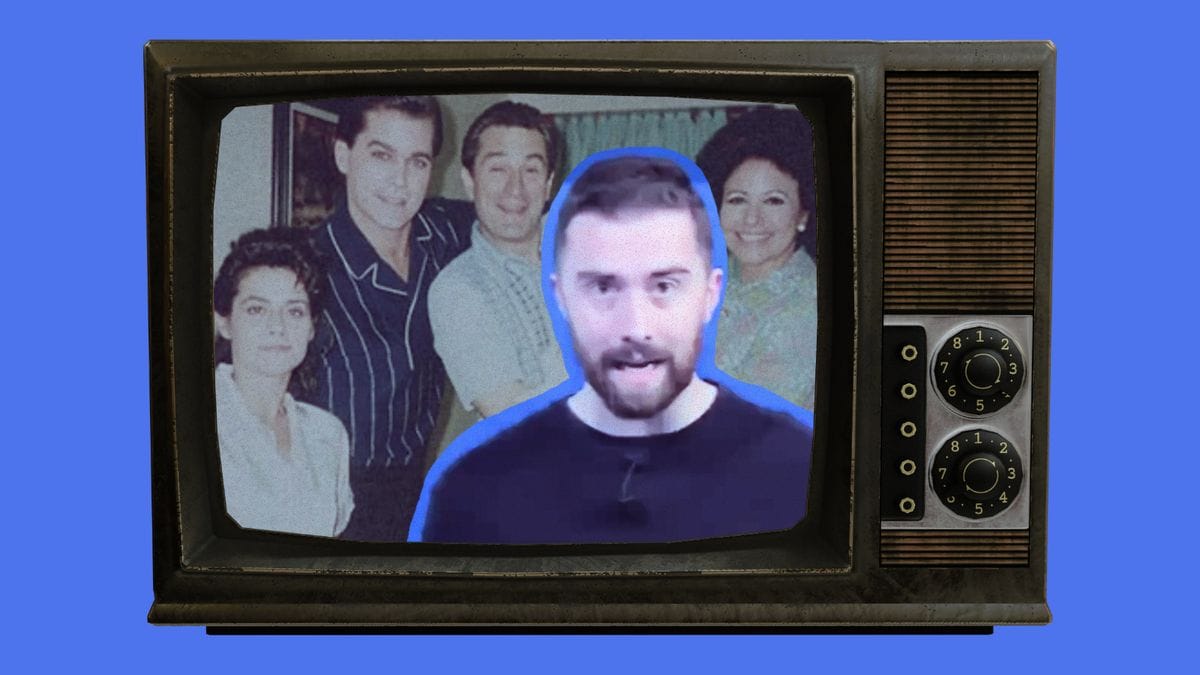 An image shows a group of white people standing and smiling in a TV screen. In the bottom right corner, a white man speaking is outlined in blue.