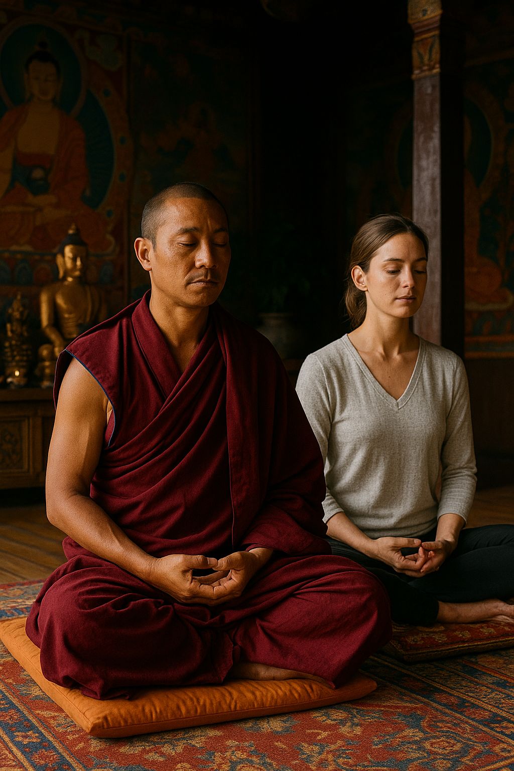 Tibetan monk and woman meditating