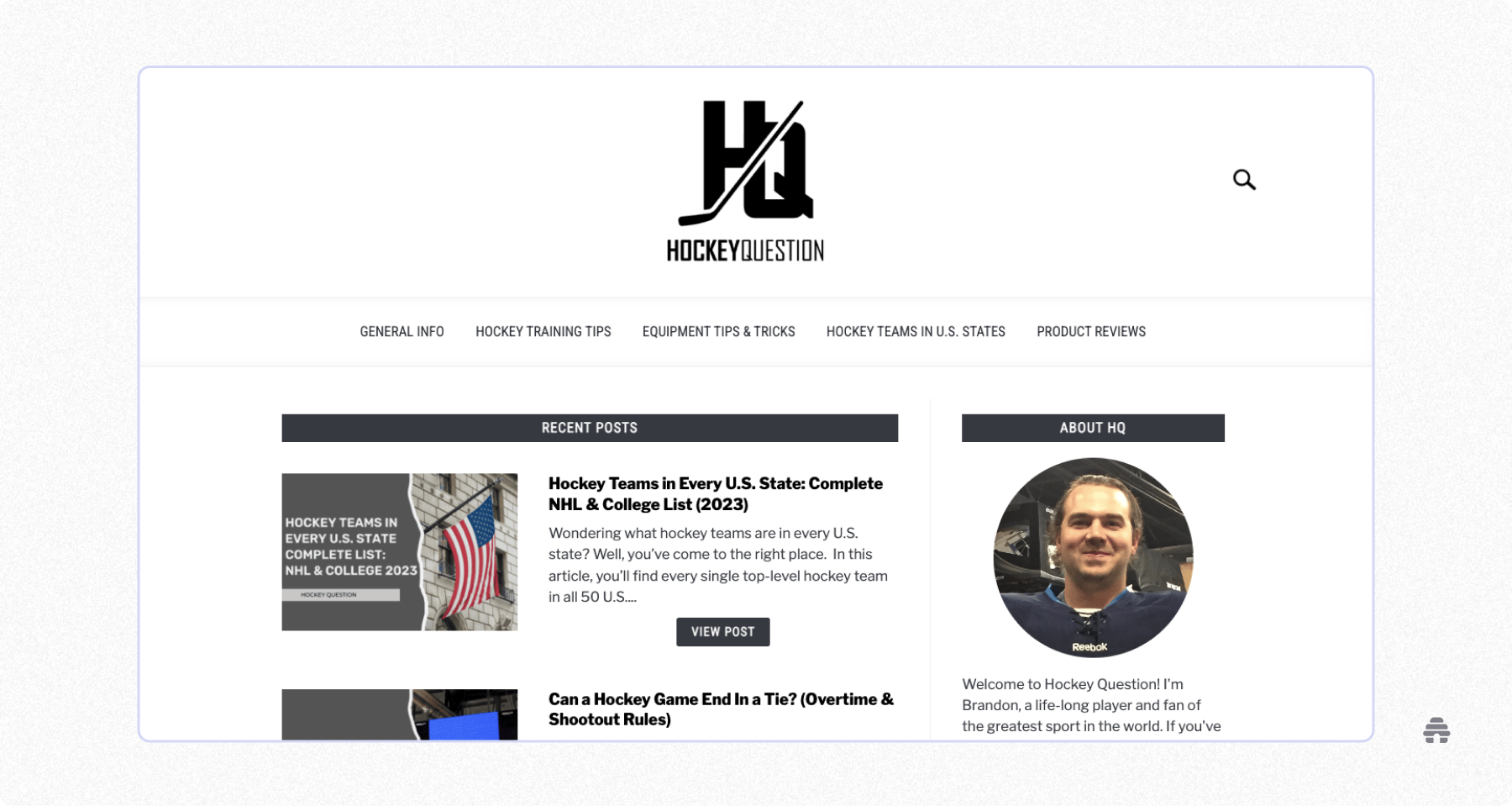 Homepage of Hockey Question, a blog sharing hockey training tips, equipment advice, and team guides across U.S. states, featuring recent posts and an about section introducing founder Brandon.