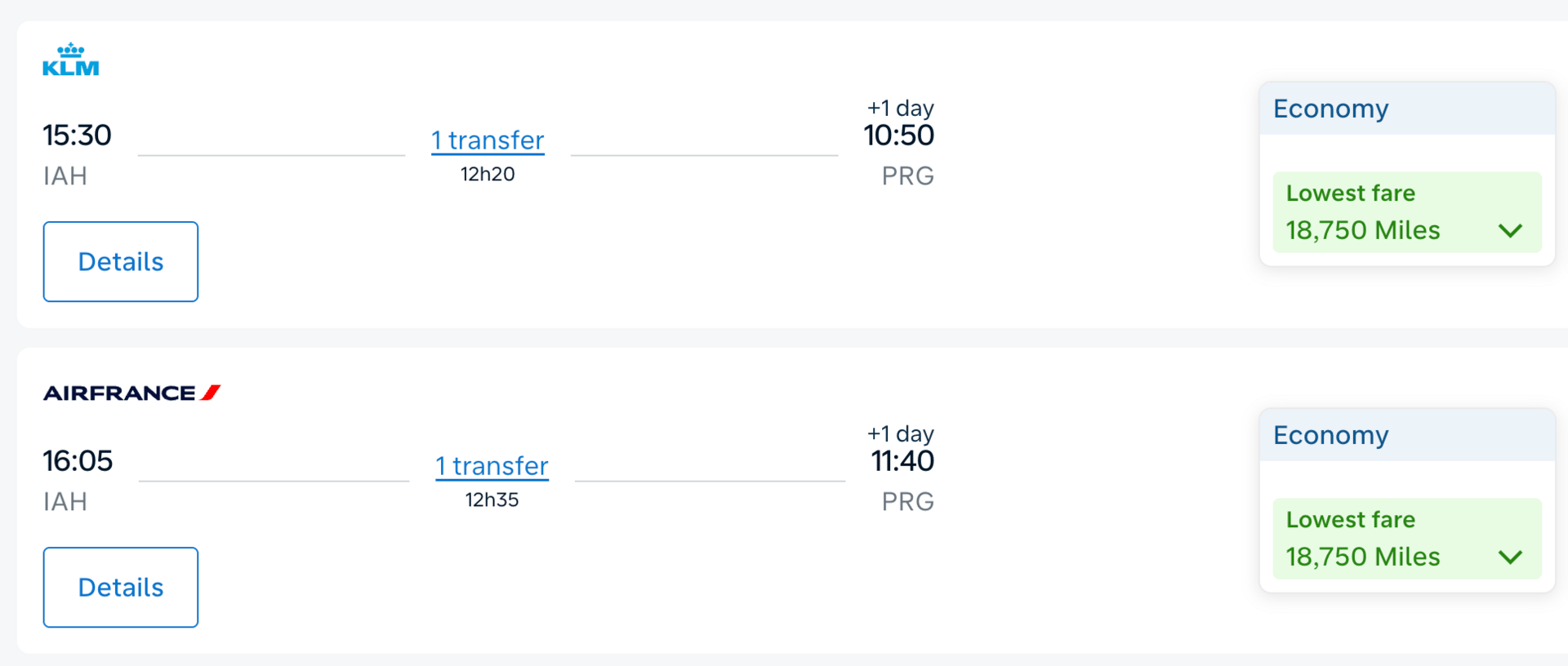 Houston to Prague for 18,750 miles in economy