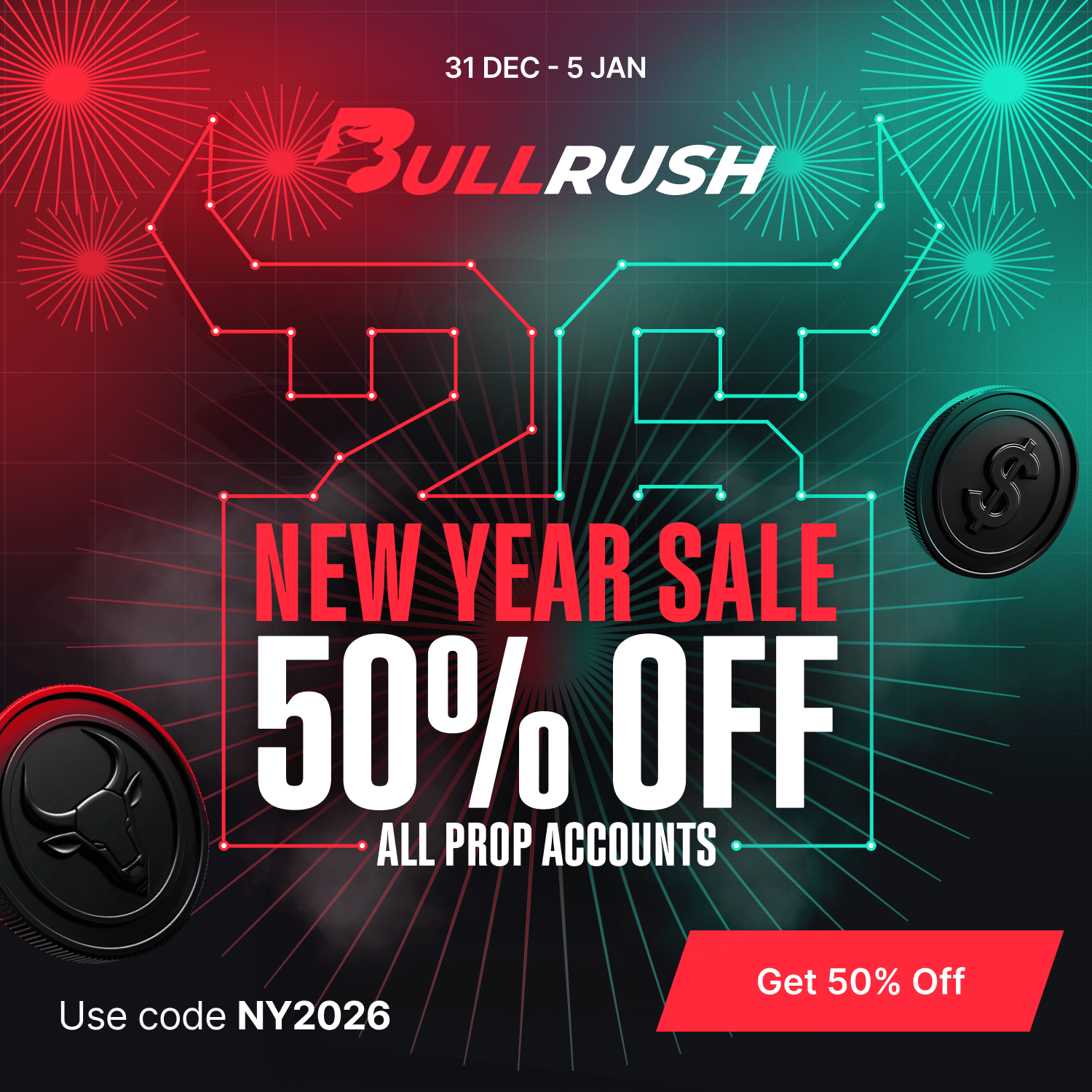 ullRush New Year sale offering 50% off prop trading accounts