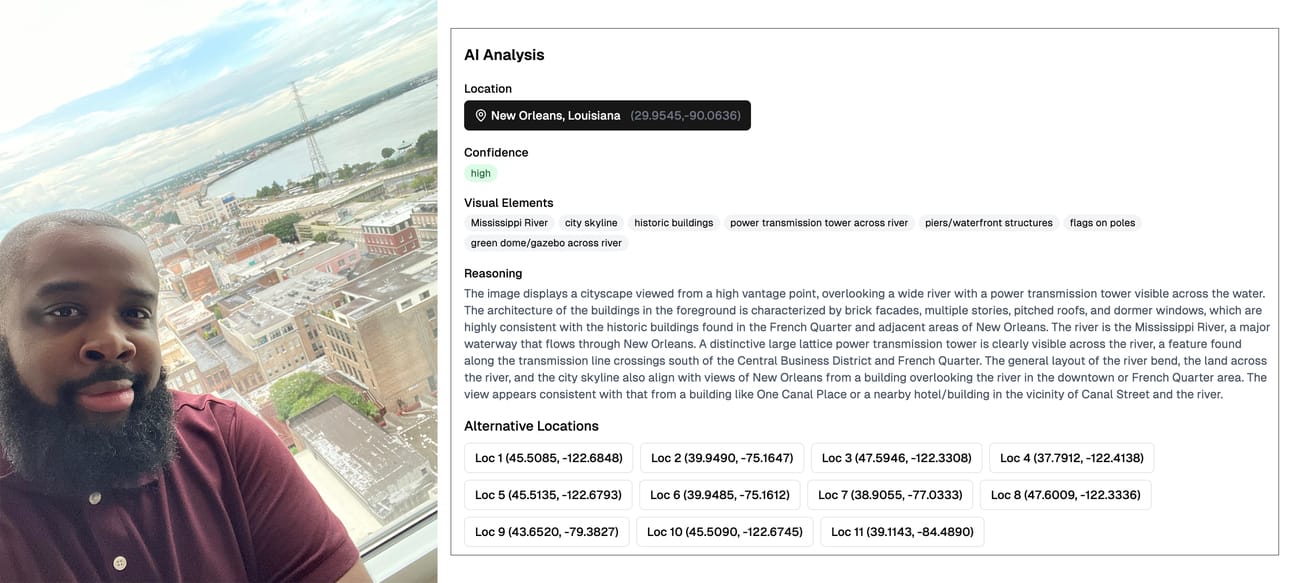 A man with a beard wearing a burgundy polo shirt takes a selfie in front of a large window overlooking a cityscape. Behind him, the view shows historic brick buildings, a bend in a wide river, and a large power transmission tower across the water. The image analysis panel on the right identifies the location as New Orleans, Louisiana, based on visual elements like the Mississippi River, city skyline, and architectural style. The panel also includes reasoning for the location match and suggests alternative coordinates for potential matches.