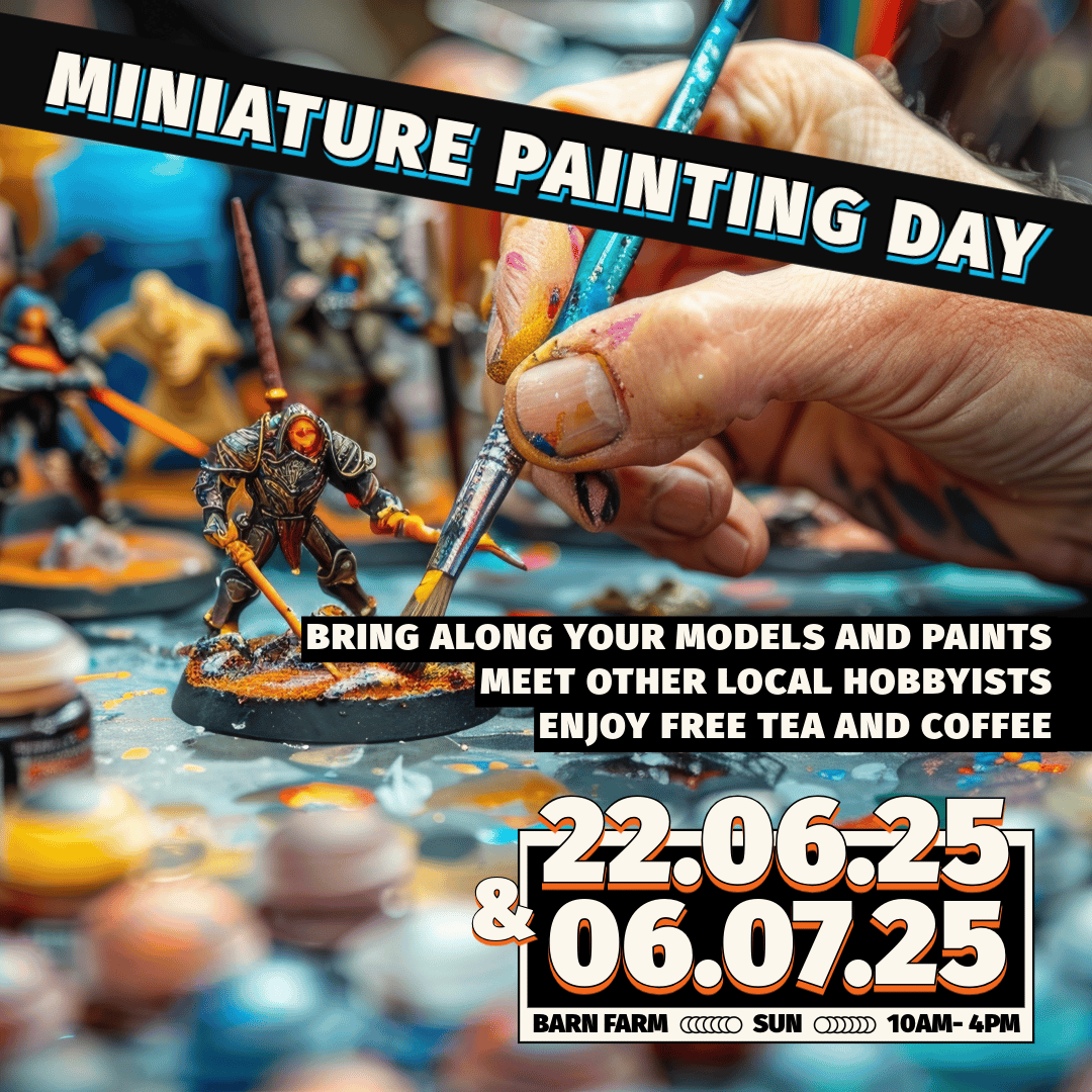 Event poster with a hand drybrushing a mini figure, with paints in the foreground