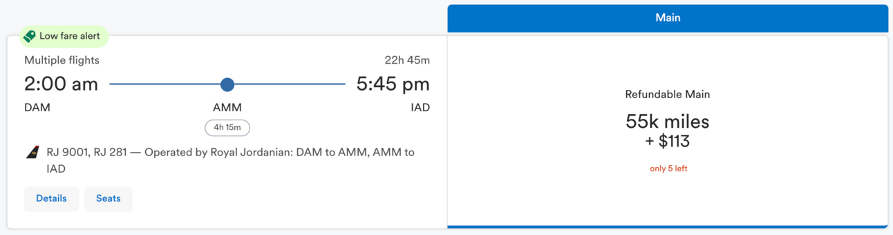 Damascus to Washington Dulles for 55,000 Alaska miles