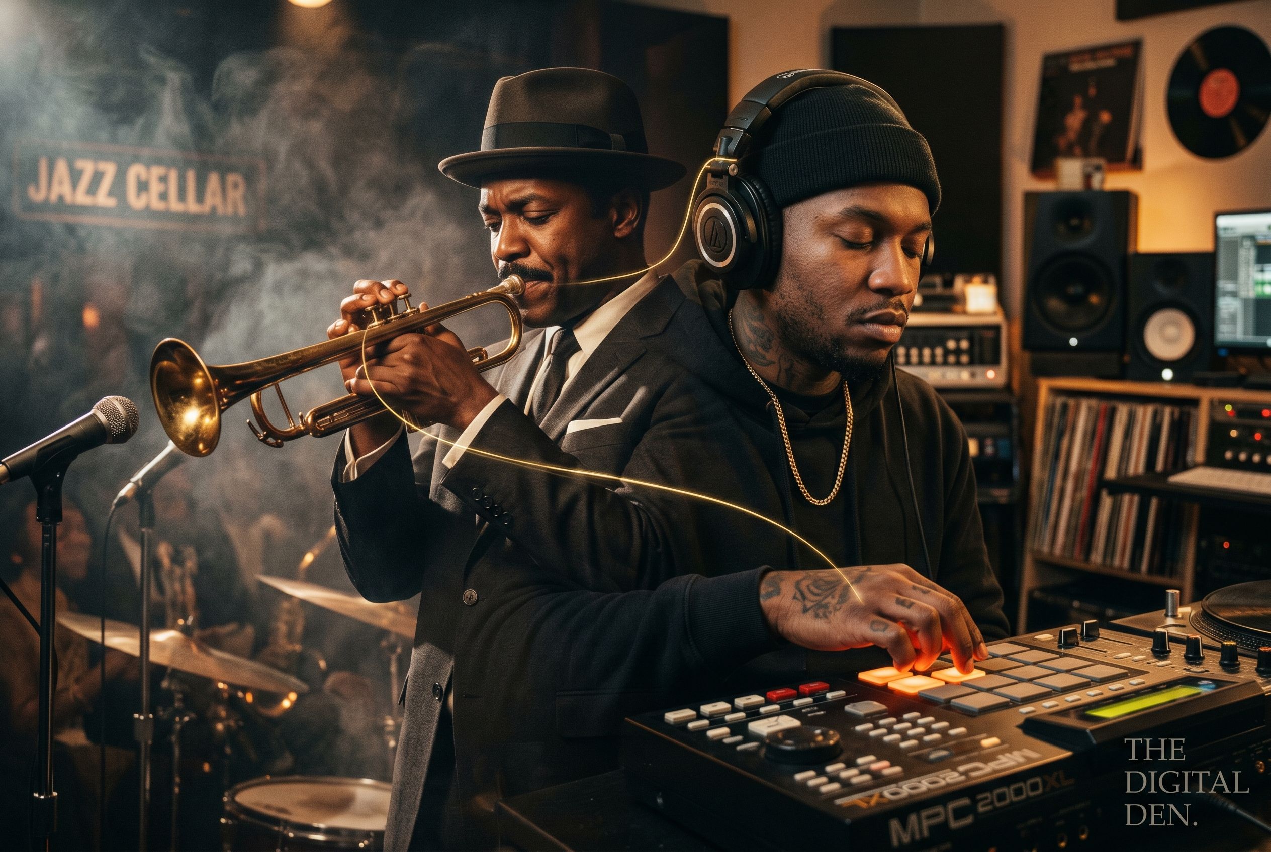 The Sample — Pulled Thread Between Generations Conceptual double-exposure photograph. Two faces overlaid — a 1960s jazz musician mid-performance on a smoky stage and a 2000s hip-hop producer in the studio, eyes closed, headphones on. The images bleed into