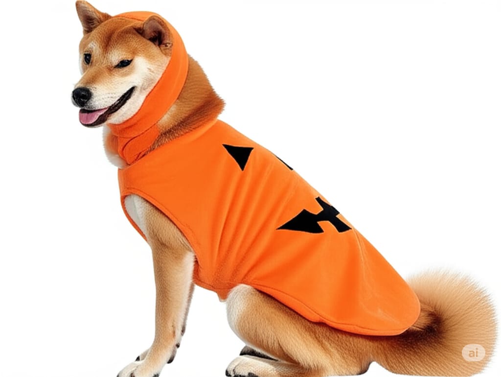 A Shiba Inu dog sits facing slightly to the left, wearing a bright orange pumpkin costume with a green stem collar and a classic jack-o'-lantern face printed on the back, against a solid white background in a landscape 16:9 aspect ratio.