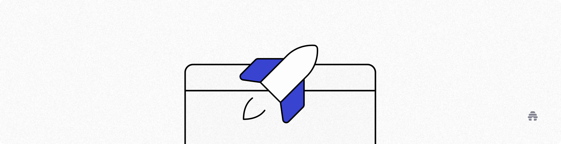 Illustration of a rocket launching from a browser window, representing the launch or growth of an online project, newsletter, or website, associated with beehiiv.