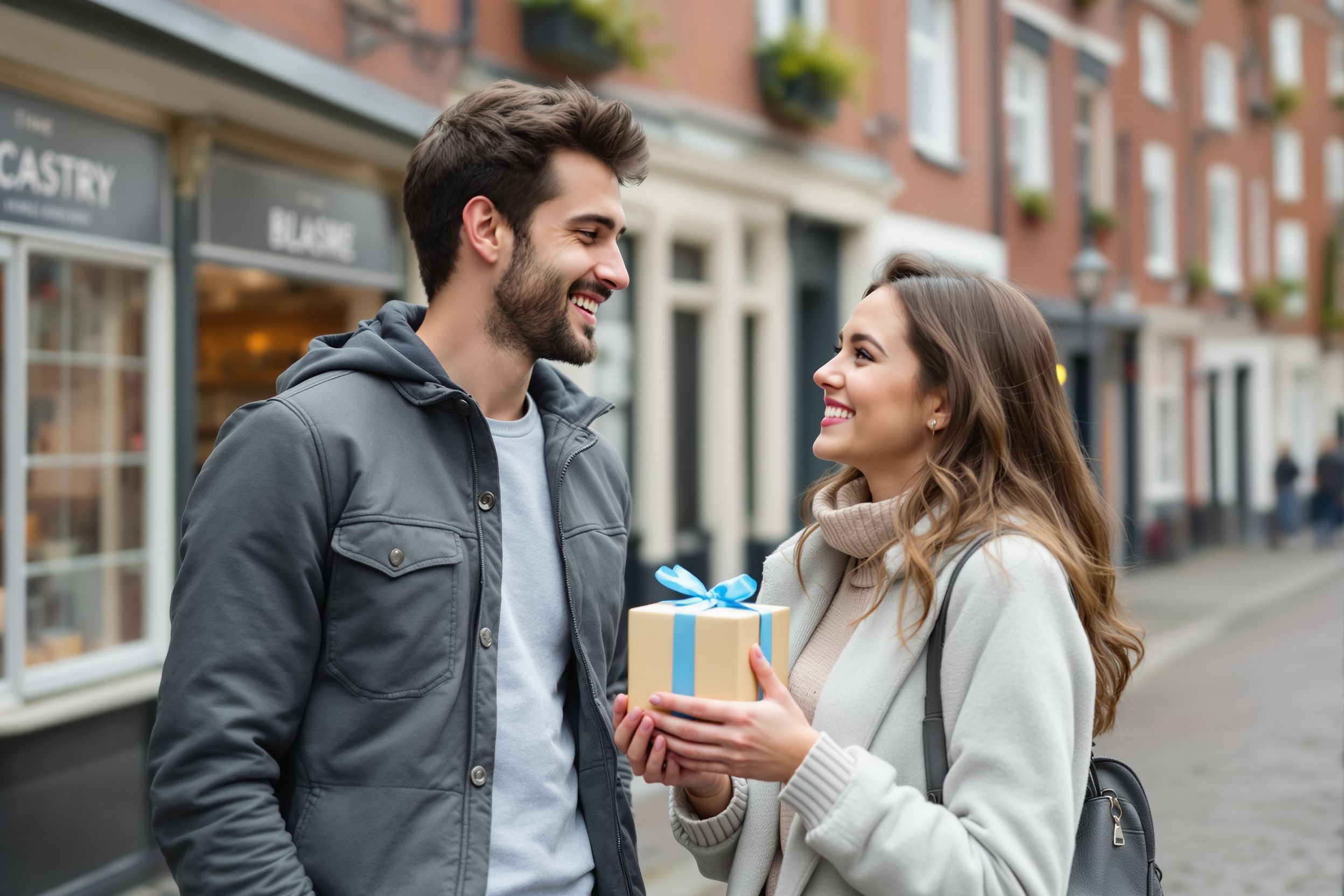 A young brother and sister in Vieux-Lille hold a small gift wrapped with a blue ribbon for their mother on a cobbled street of red-brick Flemish houses.