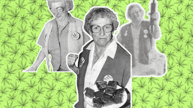 Pictures of the legendary Brownie Mary on a rotating cannabis background