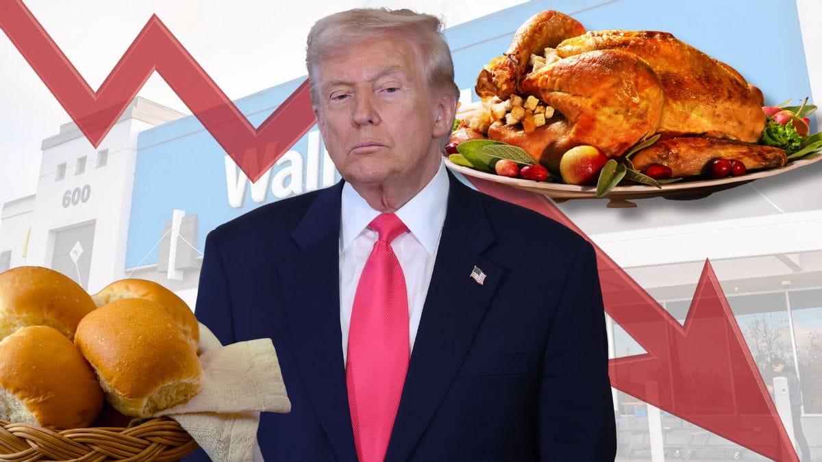 Illustrative image of Donald Trump in the foreground, with a basket of bread in front, left, and below him, whereas a turkey dish is behind, right, and above him. A red trend line runs behind all of these. The background is a Walmart storefront