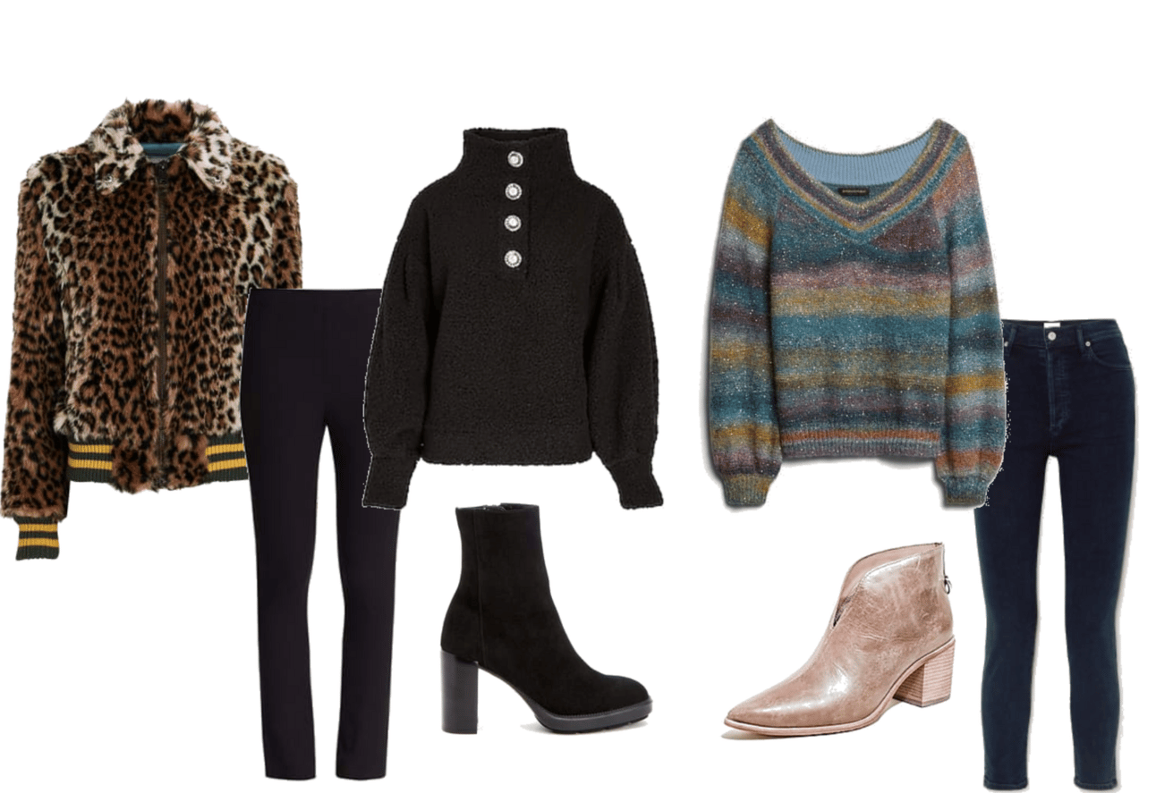 Leopard Jacket: Black Pants; Jewel Top; Black Bootie; Striped Sweater: Tan Booties; Jeans