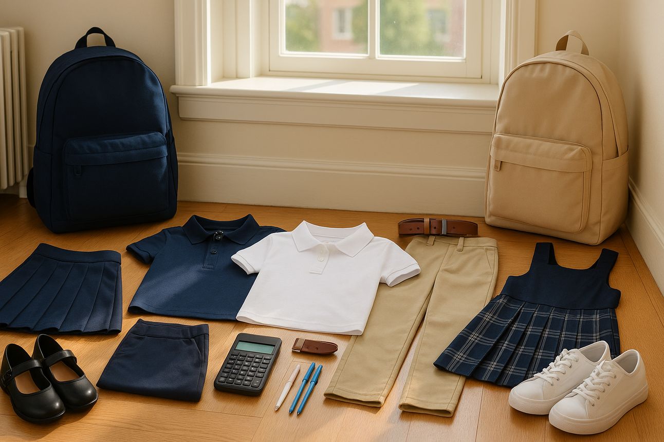 A neatly arranged set of school uniforms and accessories is displayed on a light wood floor in front of a sunlit window. Items include a navy pleated skirt, navy and white polo shirts, khaki chino pants with a brown belt, a plaid jumper dress, black Mary Jane shoes, white sneakers, a calculator, pens, a pencil, and two backpacks—one navy and one beige. Soft natural light enhances the crisp, clean presentation, capturing a polished and organized back-to-school scene.