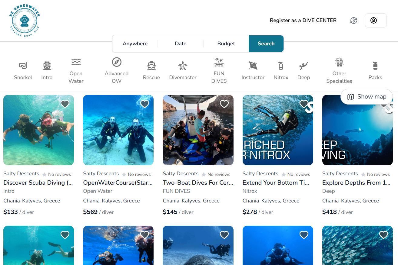 Screenshot of the Salty Descents website for booking scuba diving courses and fun dives in Greece.