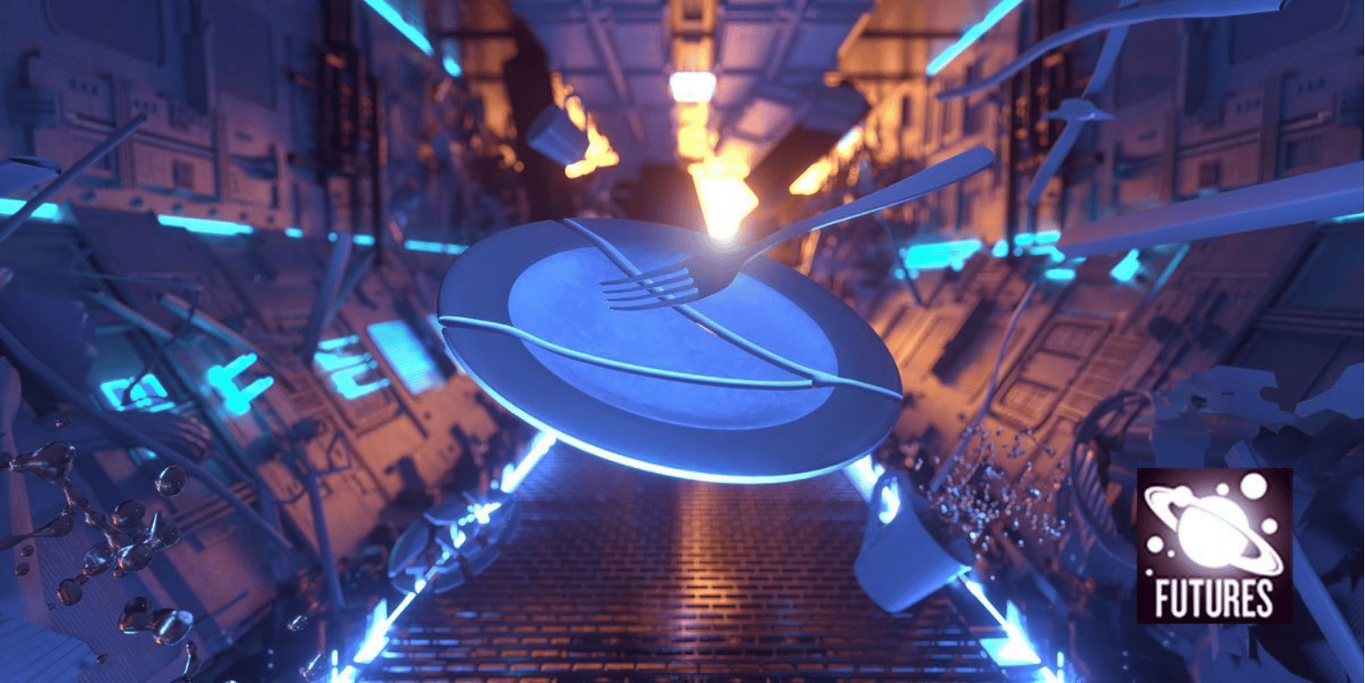 A fork and a cracked dinner plate float gravity-free in the corridor of a space station