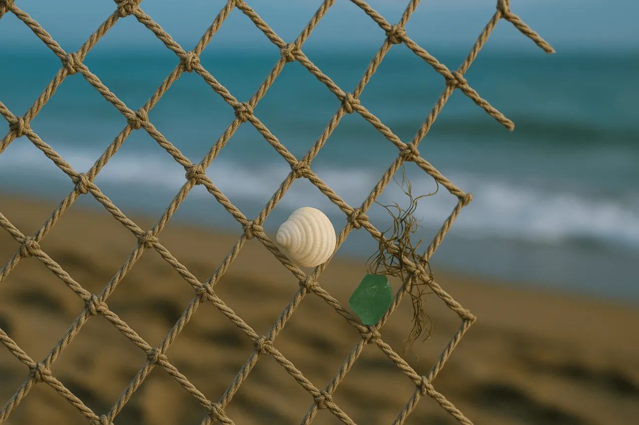 A close-up of a tan rope fishing net stretched in front of a blurred ocean shoreline. Caught in the net are a small white seashell, a piece of green sea glass, and a bit of seaweed, creating a textured and symbolic image of entanglement and memory.