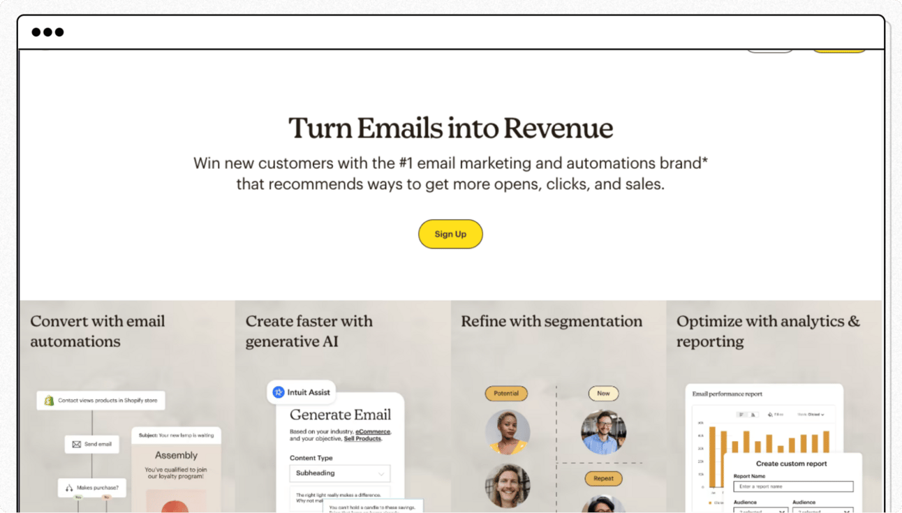 Email marketing platform homepage promoting “Turn Emails into Revenue,” highlighting automation, AI-powered email creation, segmentation, and analytics tools to increase opens, clicks, and sales.