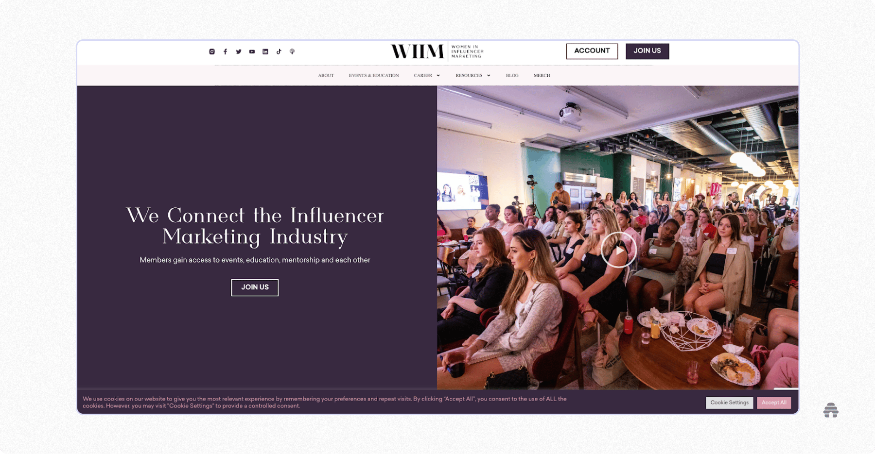 Homepage of Women in Influencer Marketing (WIIM) showing a large community event with attendees seated for a presentation, alongside a call-to-action inviting members to join for access to education, mentorship, and industry resources.