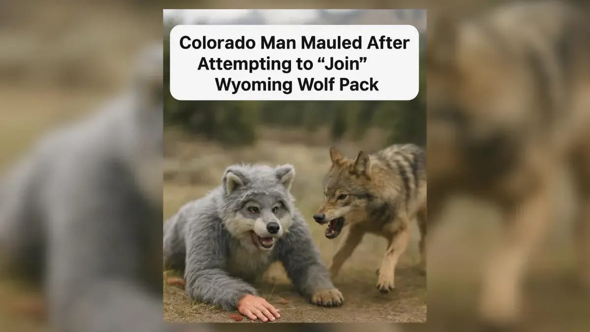 An image shows a person in a wold suit next to a real wolf. A caption above the image says, "Colorado Man Mauled After Attempting to "Join" Wyoming Wolf Pack."