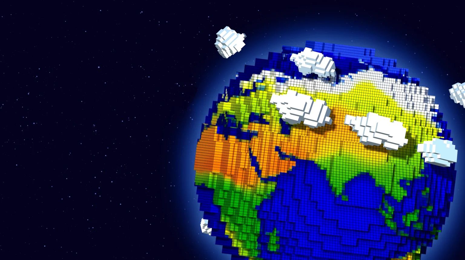 “Pixelated 3D globe of Earth against a starry space background, with blocky white clouds floating above continents.”