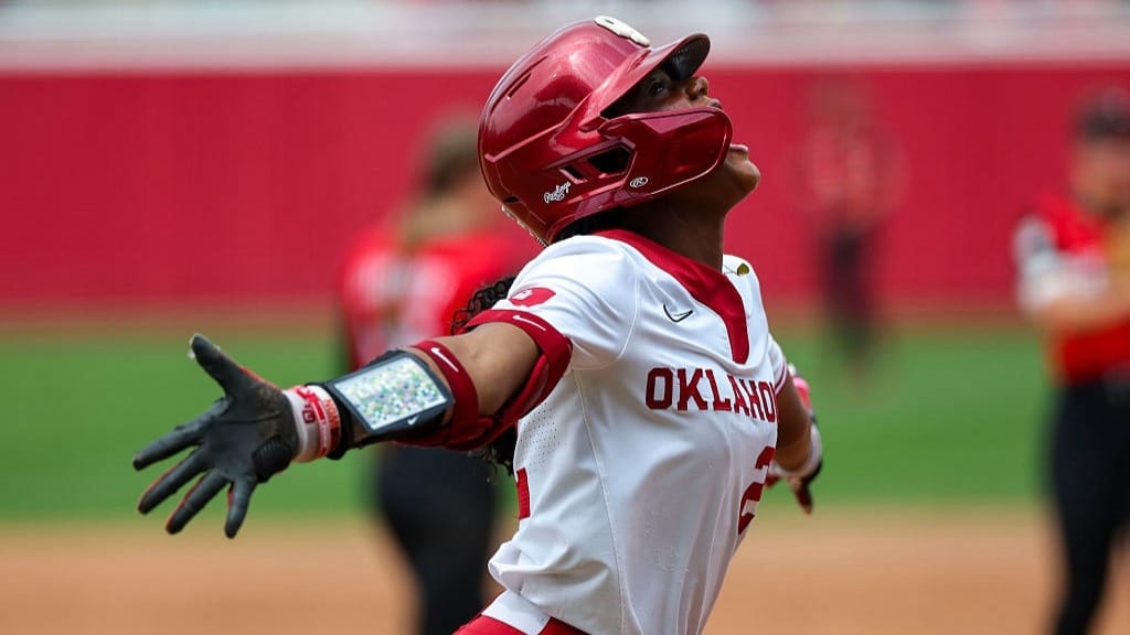  Oklahoma Sooner outfielder Kai Minor (22) celebrates a home run during the SEC college softball game between the Oklahoma Sooners and the Georgia Bulldogs 