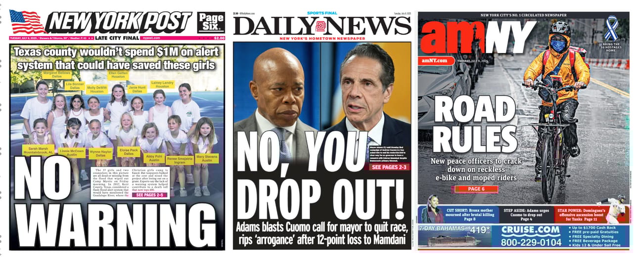 New York Newspaper Front Pages for July 8th, 2025