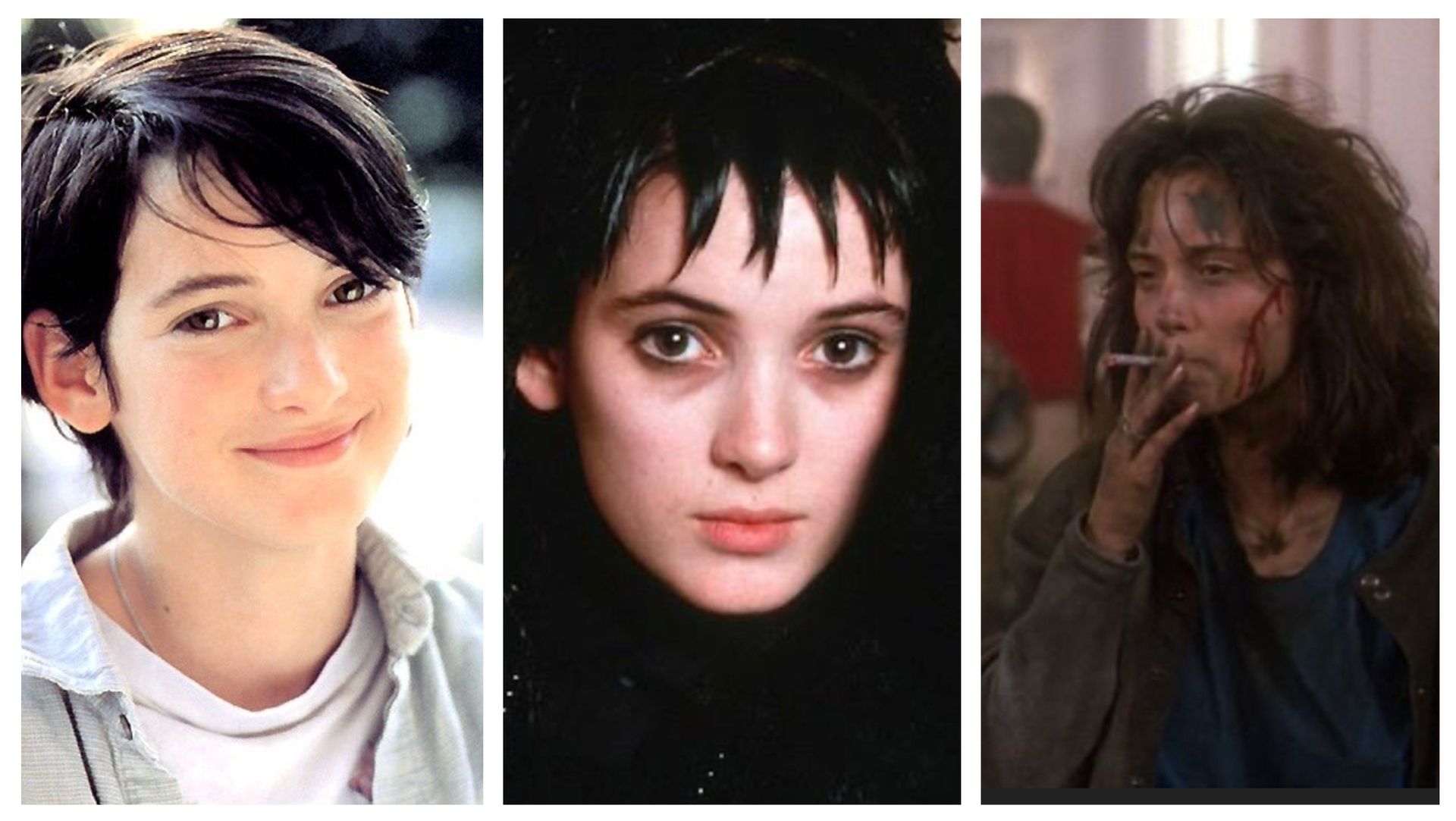 Three stages of Winona Ryder, from fresh faced, to Lydia in beetle juice, to the end of Heathers.
