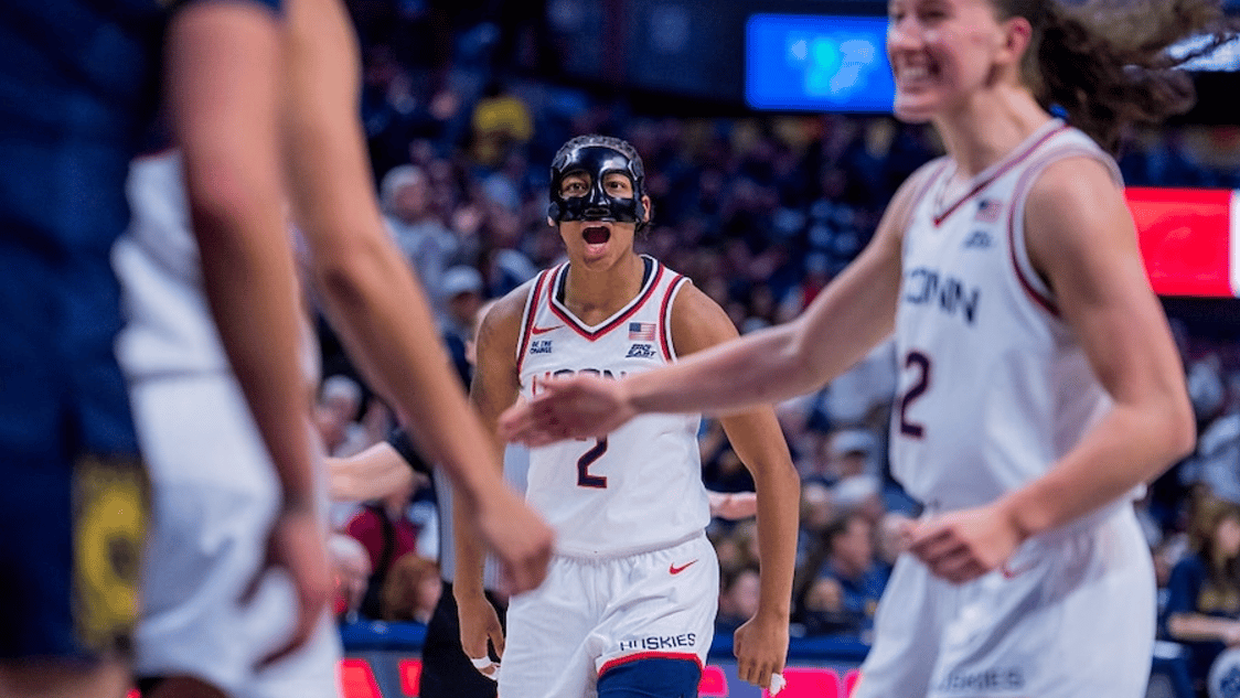 KK Arnold #2 of the Connecticut Huskies reacts during the second half of the NCAA women's basketball game against the Notre Dame Fighting Irish 
