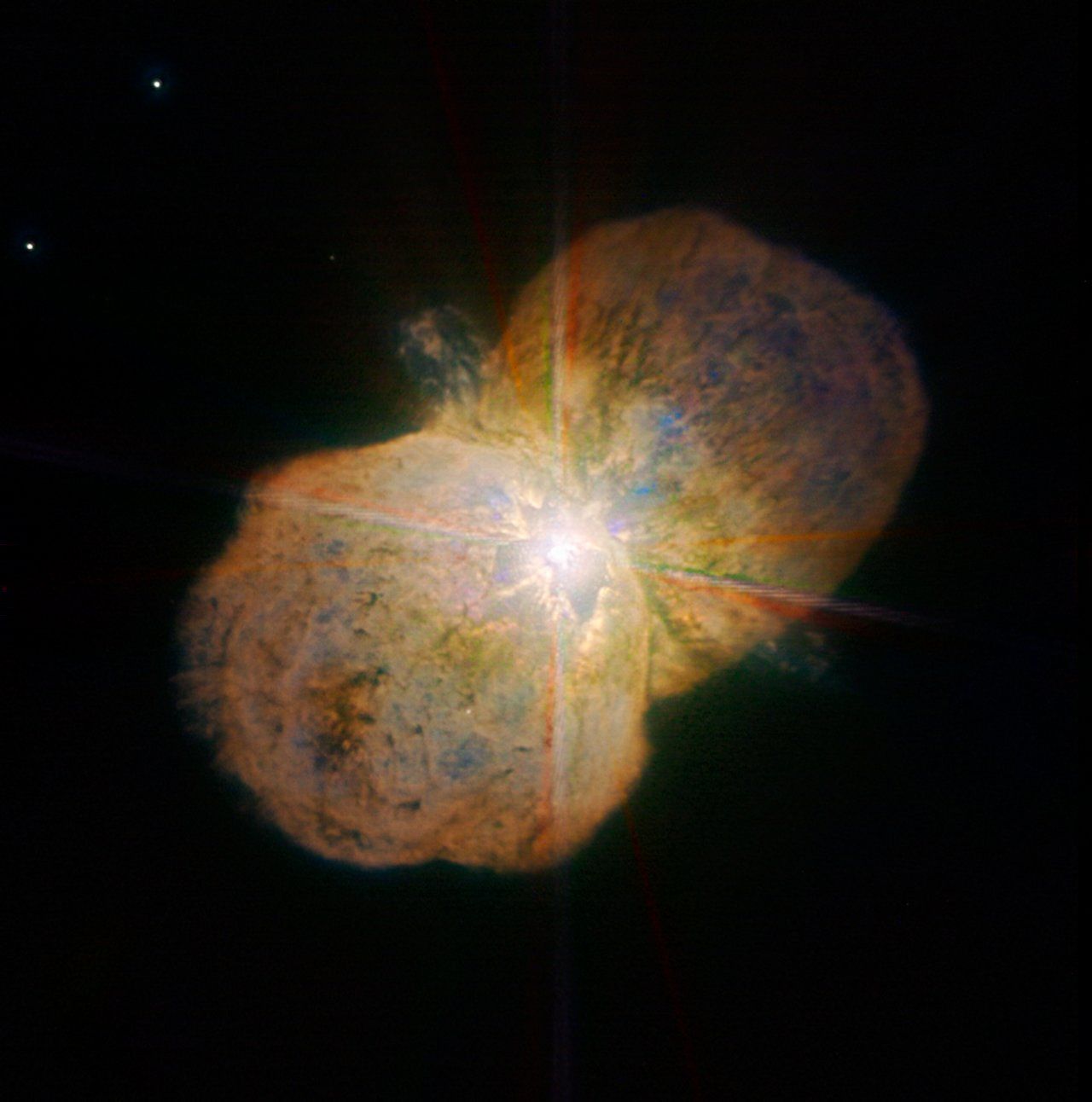 Near-infrared images of Eta Carinae from ESO’s Very Large Telescope reveal detailed bipolar structures and stellar jets. Captured by the Paranal Science team using NACO and processed by Yuri Beletsky and Hännes Heyer, the data spans broad and narrow bands probing iron and hydrogen emissions.