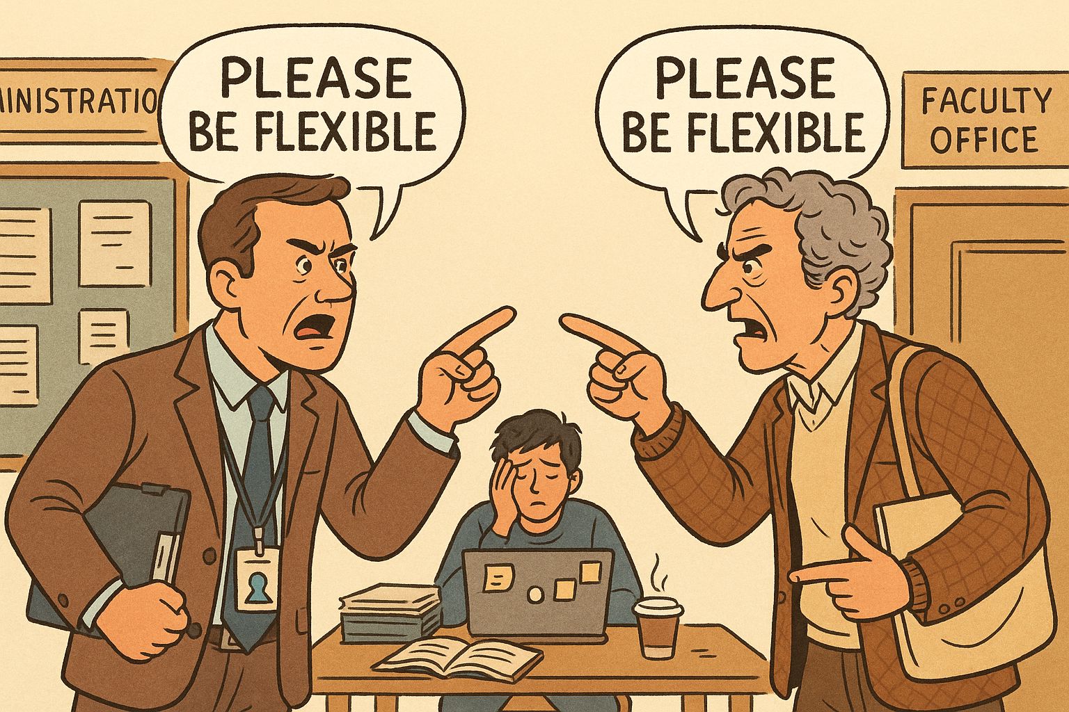 AI generated image showing an administrator and a faculty member pointing fingers at each other while a student struggles