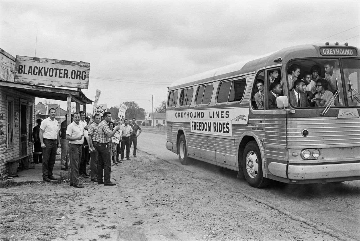 A historically accurate image of the Freedom Riders traveling on a bus through the segregated South. The bus is detailed with period-specific designs, and the riders are shown in mid-conversation, with determined and anxious expressions. The background in
