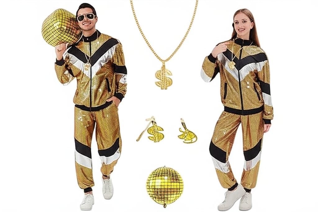 Man and woman in metallic gold and silver tracksuits with disco accessories, including sunglasses, necklaces, and disco balls, posed against a solid white background in a 16:9 landscape format. The man, on the left, holds a larger gold disco ball on his shoulder, while the woman, on the right, gestures towards smaller accessories placed between them. The image has a clean, modern, and professional aesthetic