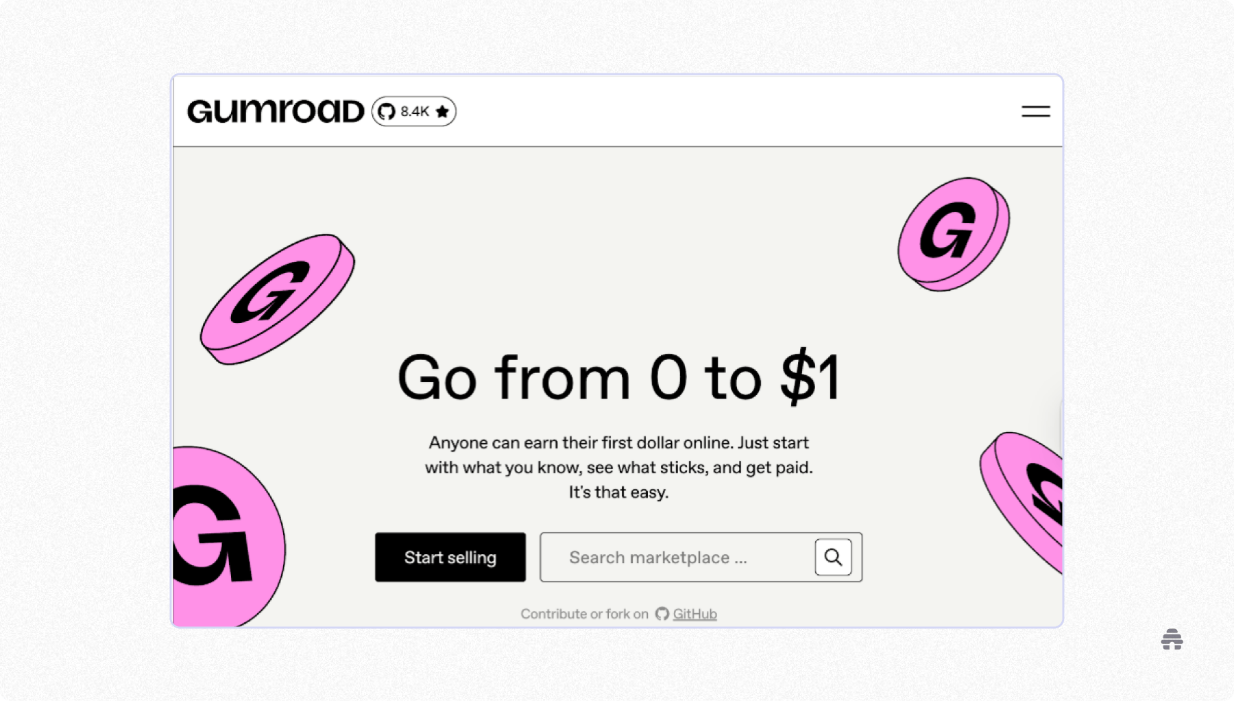 Screenshot of Gumroad’s homepage encouraging creators to start selling digital products and earn their first revenue online.
