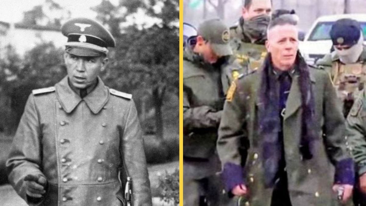 Two images are shown. On the left, a black and white photo shows a man wearing a Nazi uniform while the photo in color on the right shows a man wearing a long coat walking forward with several people in the background.