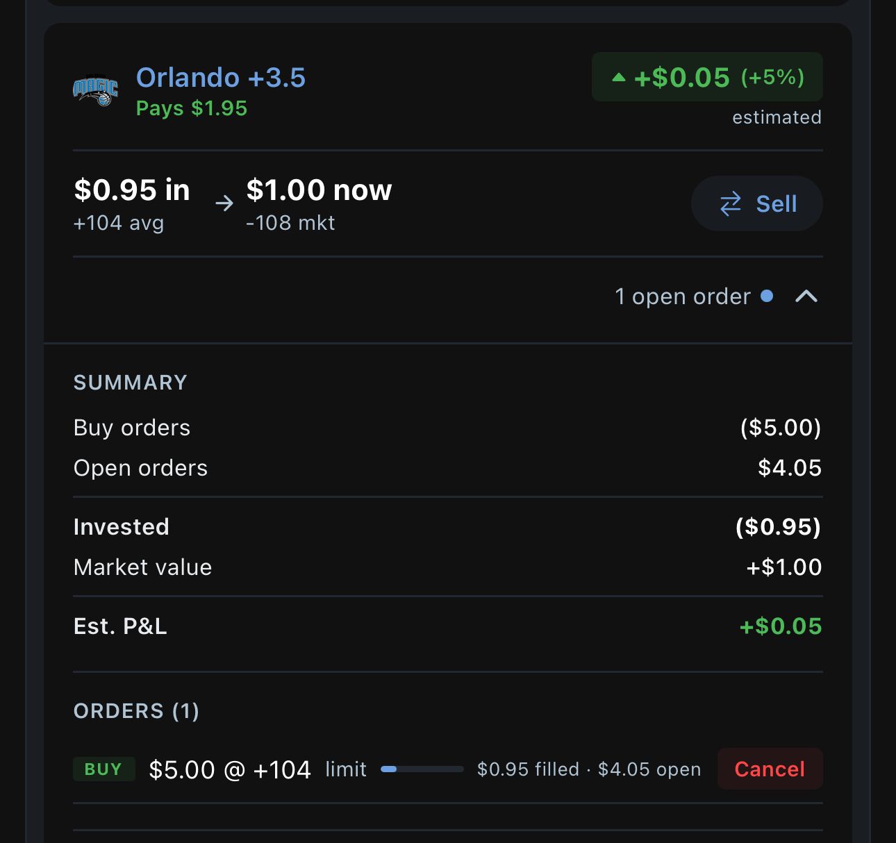 A view of the updated Order information on the BettorEdge app
