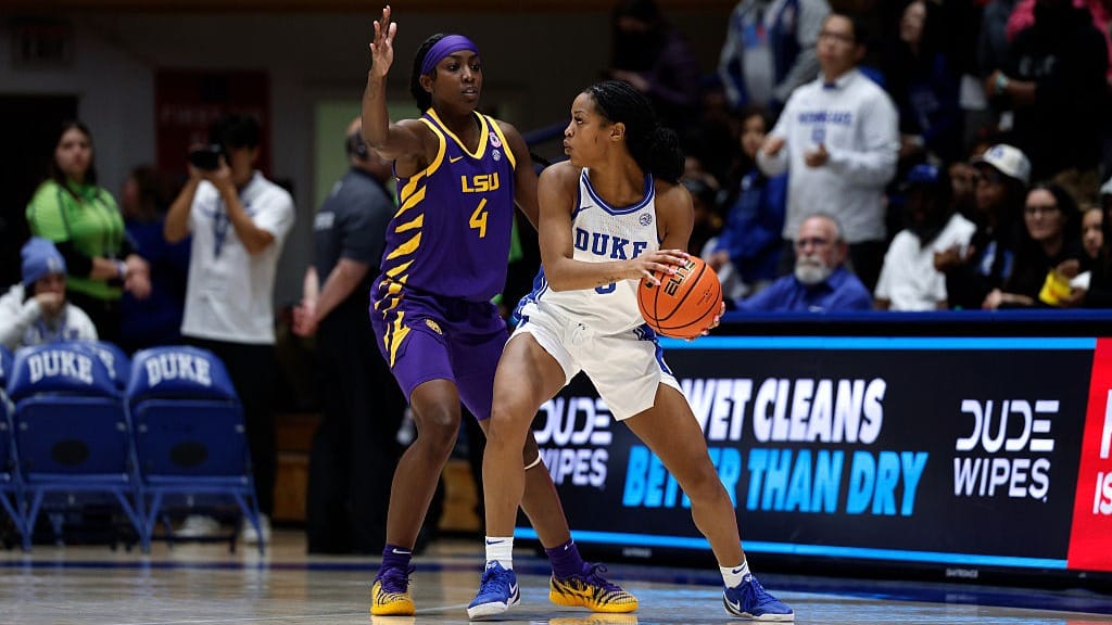 Ashlon Jackson #3 of the Duke Blue Devils looks to pass against Flau'Jae Johnson #4 of the LSU Tigers at Cameron Indoor Stadium on December 4, 2025 in Durham, North Carolina.
