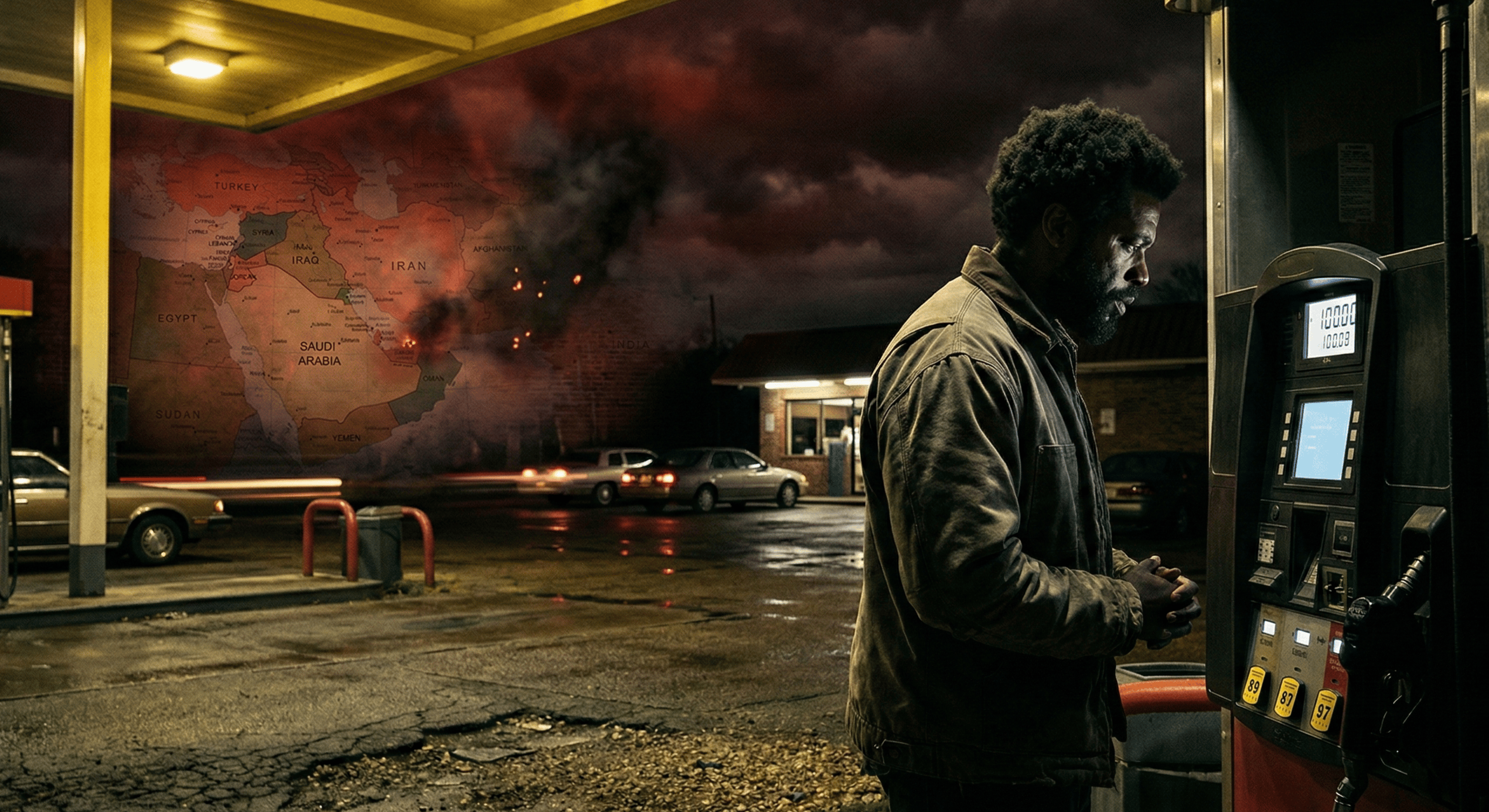 Create a cinematic, high-contrast landscape image of a Black man standing at a gas pump at night, looking down at the rising price display with a serious, concerned posture. The gas station is dimly lit with harsh overhead lighting, casting deep shadows. In the background, subtly blend a glowing red-tinted globe or Middle East map with faint smoke and fire elements to symbolize global conflict. The sky has a dark, ominous tone with a slight red hue. No text. The mood should feel tense, real, and urgent, capturing the connection between war overseas and rising costs at home.