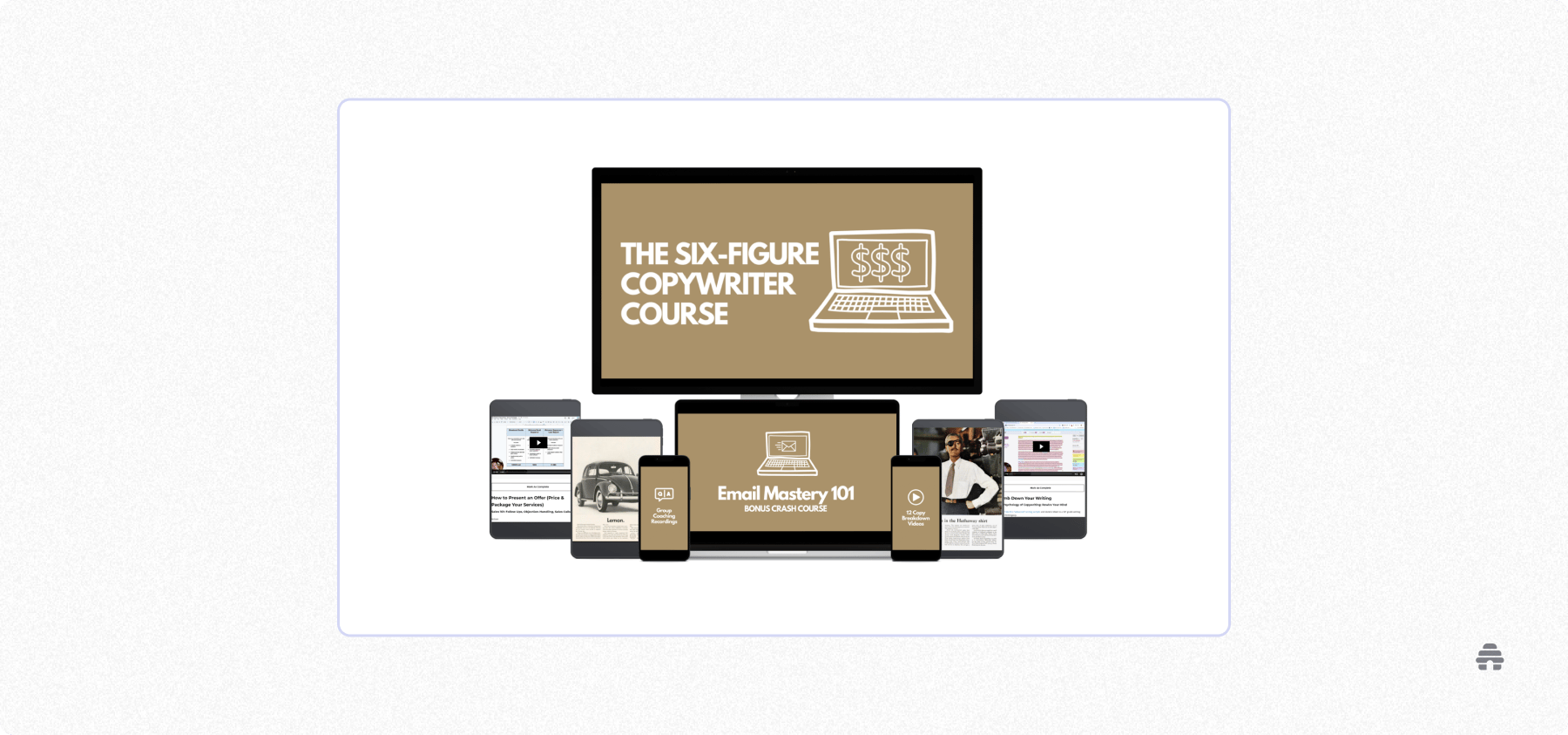 Display of “The Six-Figure Copywriter Course” and its bonus modules shown across multiple devices, illustrating the full course package included in the creator’s program.