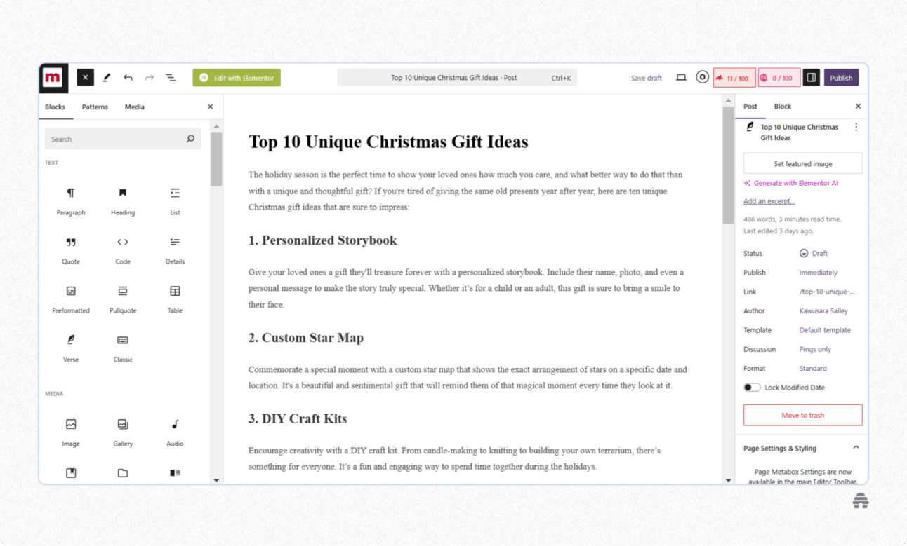 WordPress block editor showing a blog post draft titled “Top 10 Unique Christmas Gift Ideas” with editing blocks, formatting tools, and publish settings. Illustrates how creators write, format, and manage blog content in the WordPress publishing platform.
