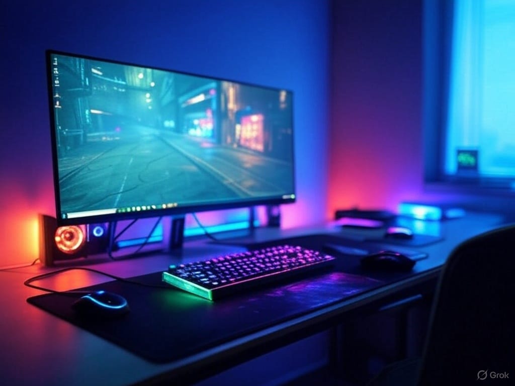 A sleek, futuristic gaming PC with glowing RGB lights in blue, green, and pink sits on a modern desk. A gaming keyboard and mouse with RGB accents rest in front, while a monitor displays a vibrant game world with neon-lit cityscapes. The dimly lit room is bathed in dynamic purple and blue hues, capturing the thrilling energy of gaming, in a 16:9 aspect ratio.