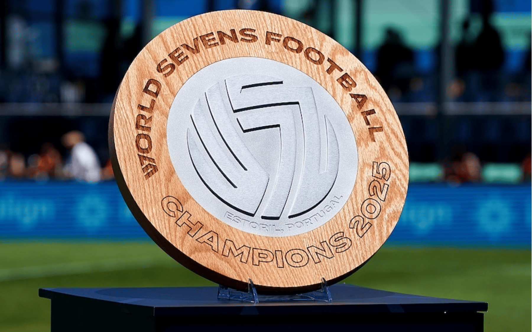 The World Sevens Football Trophy is displayed on a plinth prior to the World Sevens Football Semi Final match