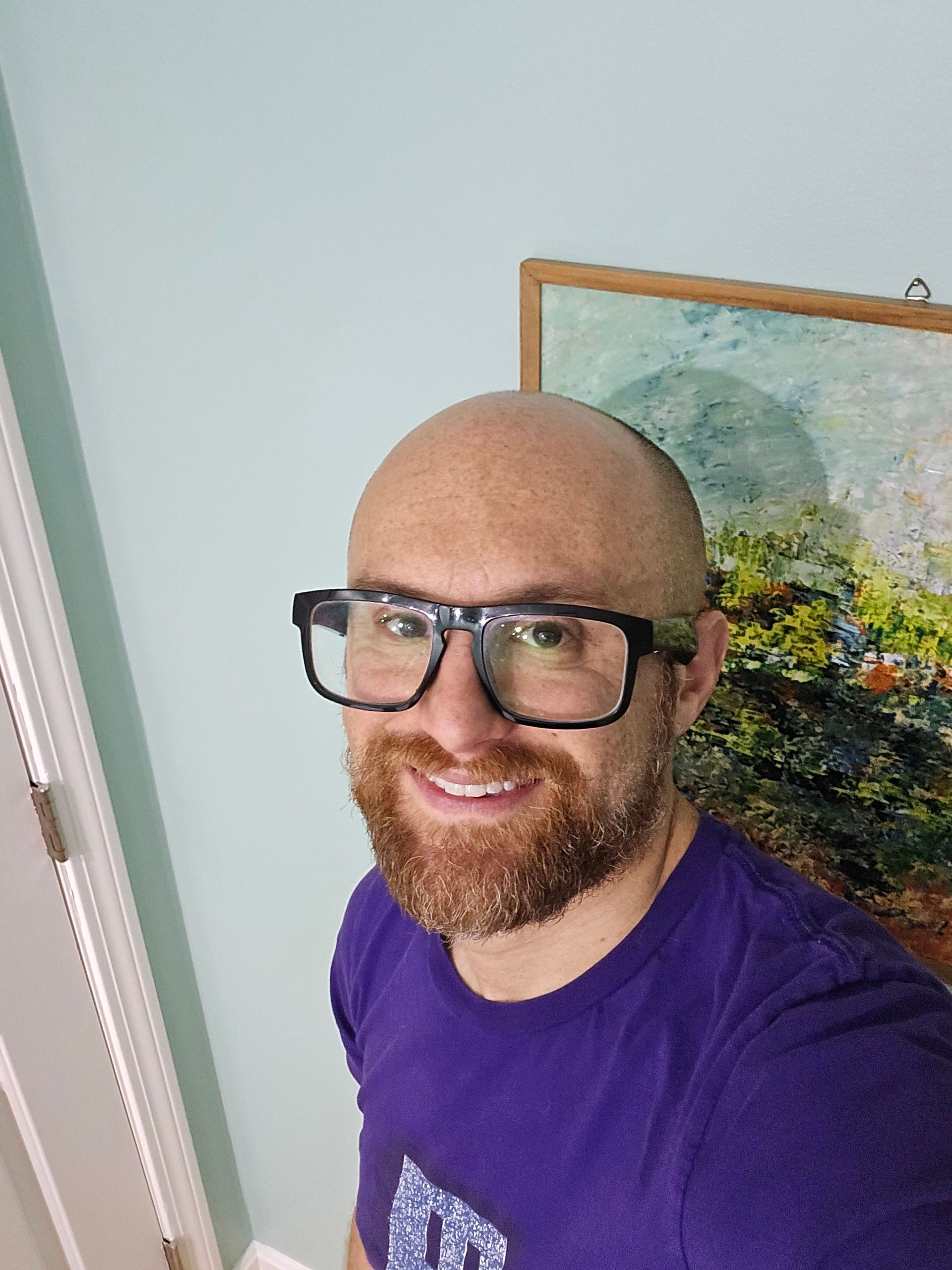 A selfie of me in front of a pointillist painting mounted on a sea foam green wall. I'm a bald, middle-aged, white man with a red beard flecked with white. I'm wearing glasses with thick black rims and a purple t-shirt with the Twitch logo in the middle.