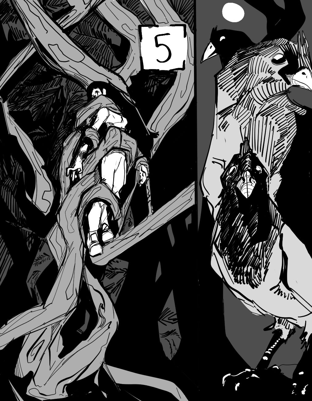 O desenho é dividido em duas partes. Na parte da esquerda temos uma mulher de cabelos compridos envolvida por galhos grossos que apertam seu corpo, e no fundo se veem mais um conjunto de galhos. Na parte da direita, há três gralhas, uma atrás da outra, olhando na direção do espectador, no fundo há uma lua cheia no céu. No topo da imagem há o número cinco para indicar o capítulo.
