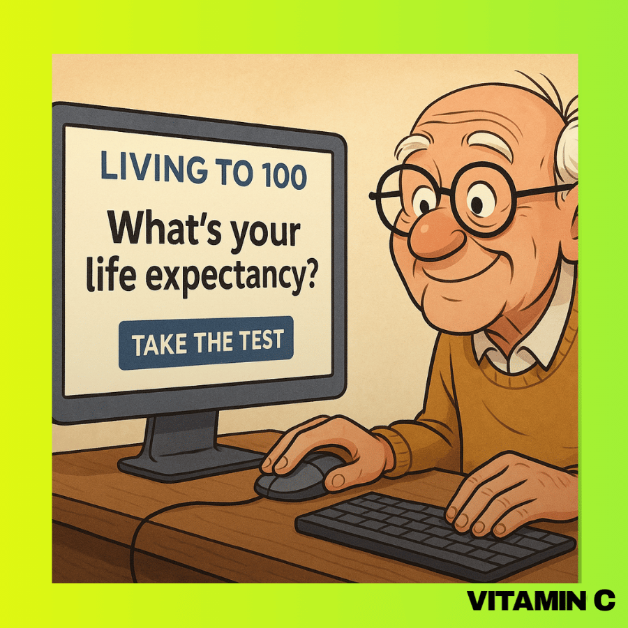 A cartoon elderly man smiling at a computer screen displaying the "Living to 100" life expectancy test - taken from Vitamin C newsletter, written by Lia Carlucci