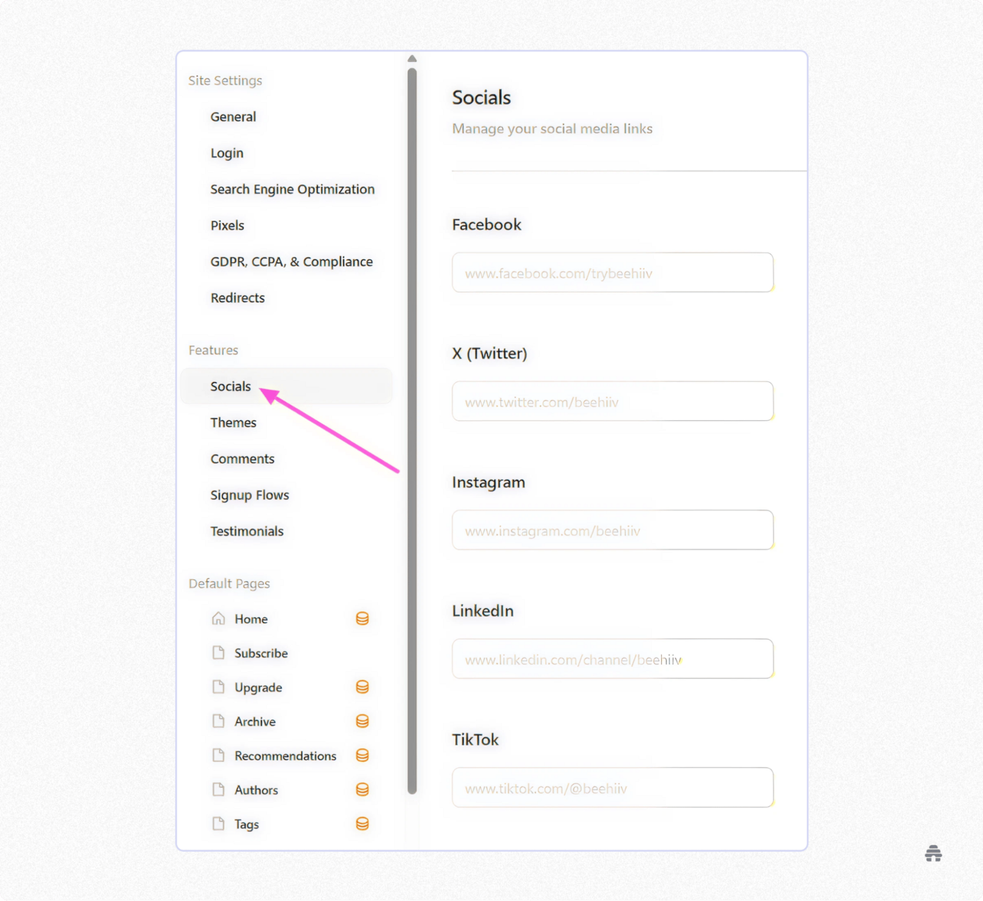 Screenshot of beehiiv site settings showing the “Socials” section where users can add social media links for Facebook, X (Twitter), Instagram, LinkedIn, and TikTok.