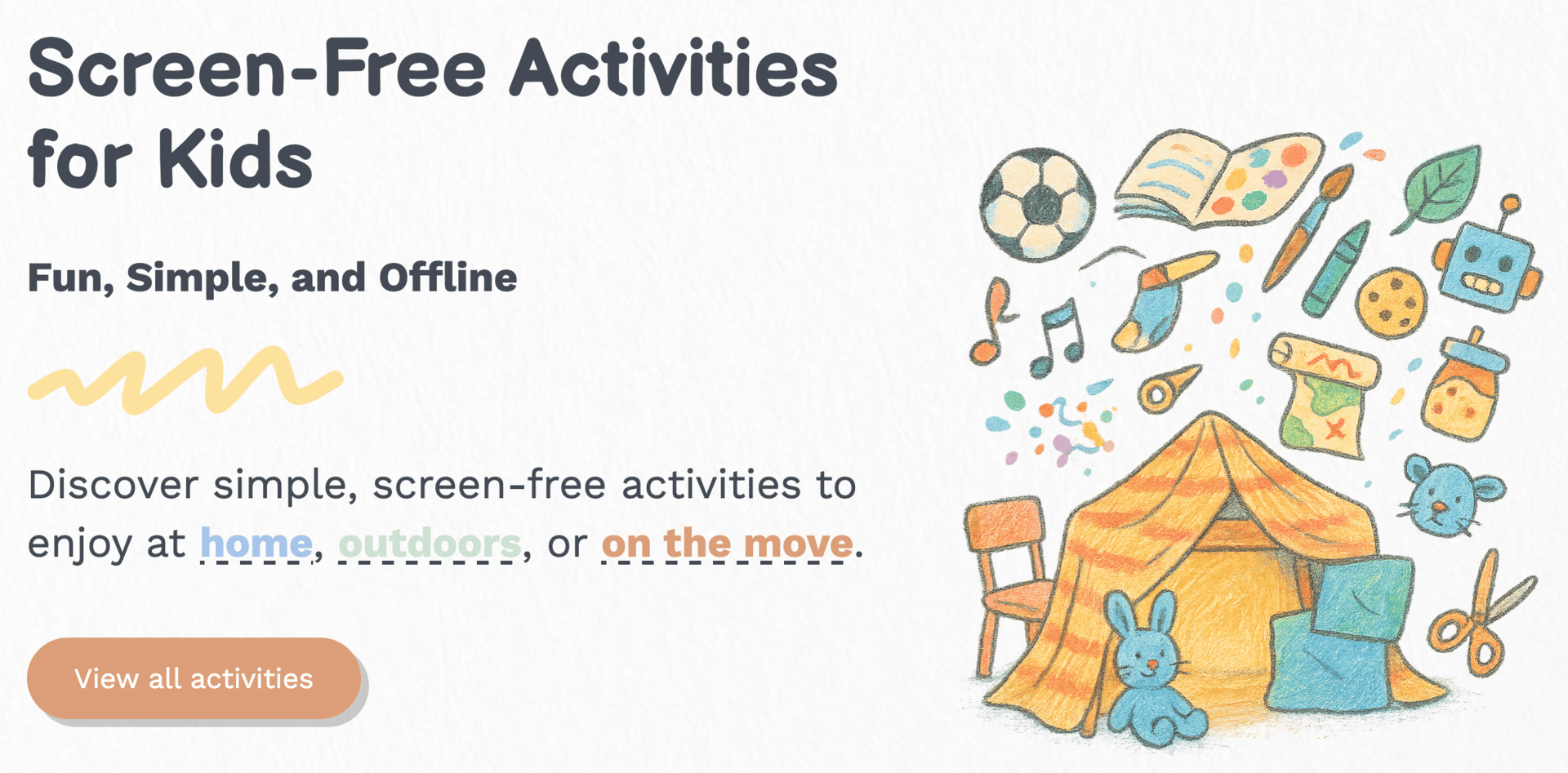 Screenshot of the Offline Kids homepage, featuring handdrawn illustrations and colorful type and buttons
