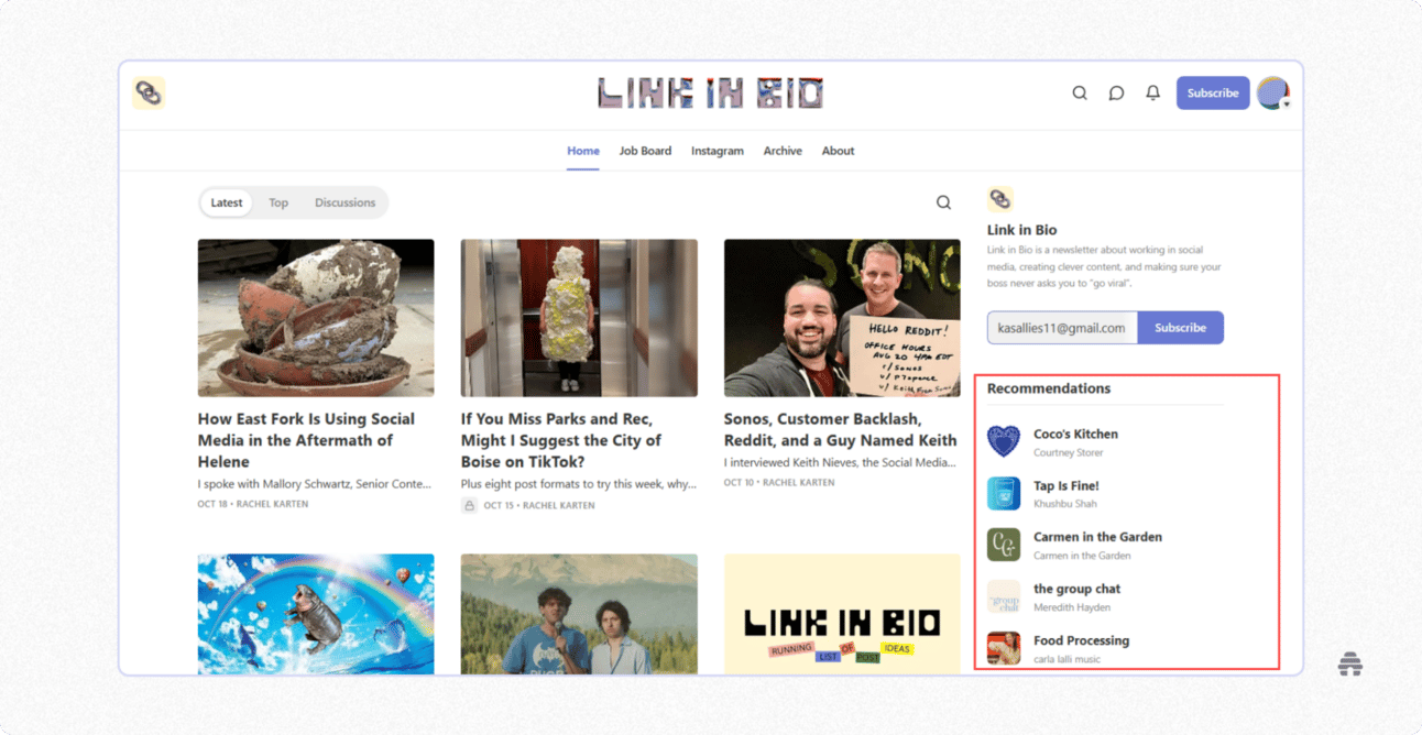 Substack newsletter page showing a recommendations panel that promotes other newsletters for readers to discover and subscribe. Illustrates Substack’s cross-promotion feature that helps creators grow their audience through newsletter recommendations.