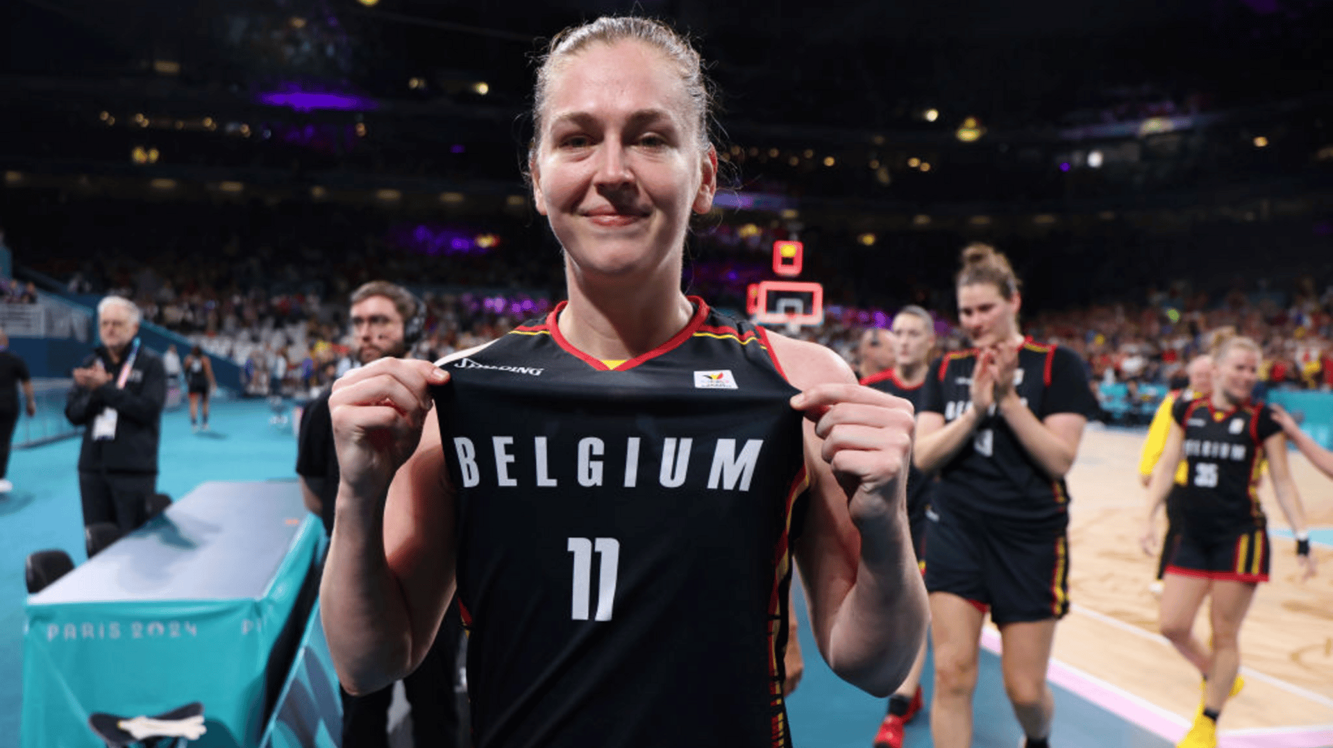 Emma Meesseman #11 of Team Belgium celebrates victory during the Women's Group Phase 